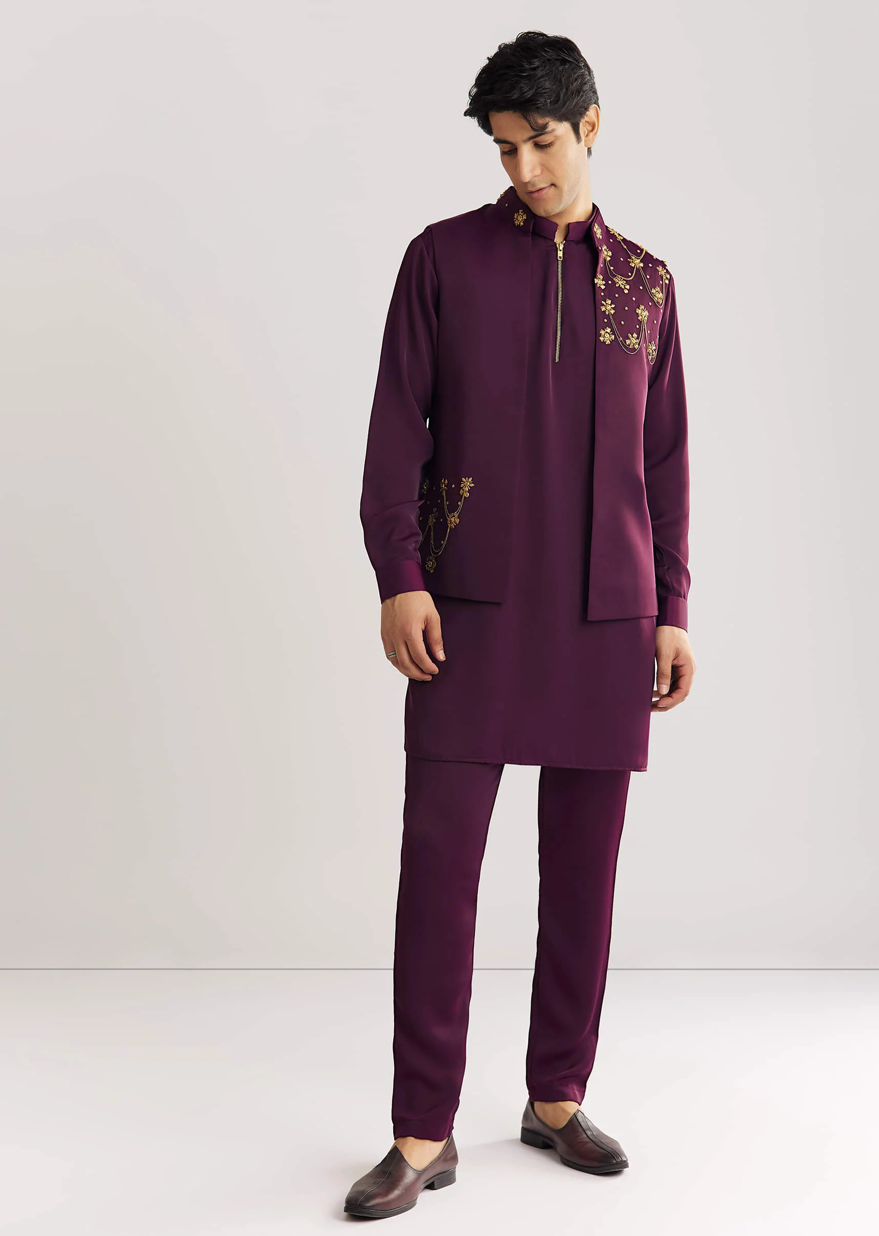 Wine Suiting Jacket Kurta Set With Metal Accents - Image 2
