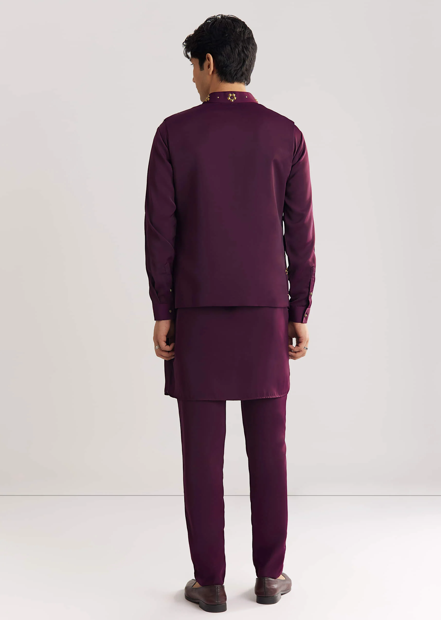 Wine Suiting Jacket Kurta Set With Metal Accents - Image 6