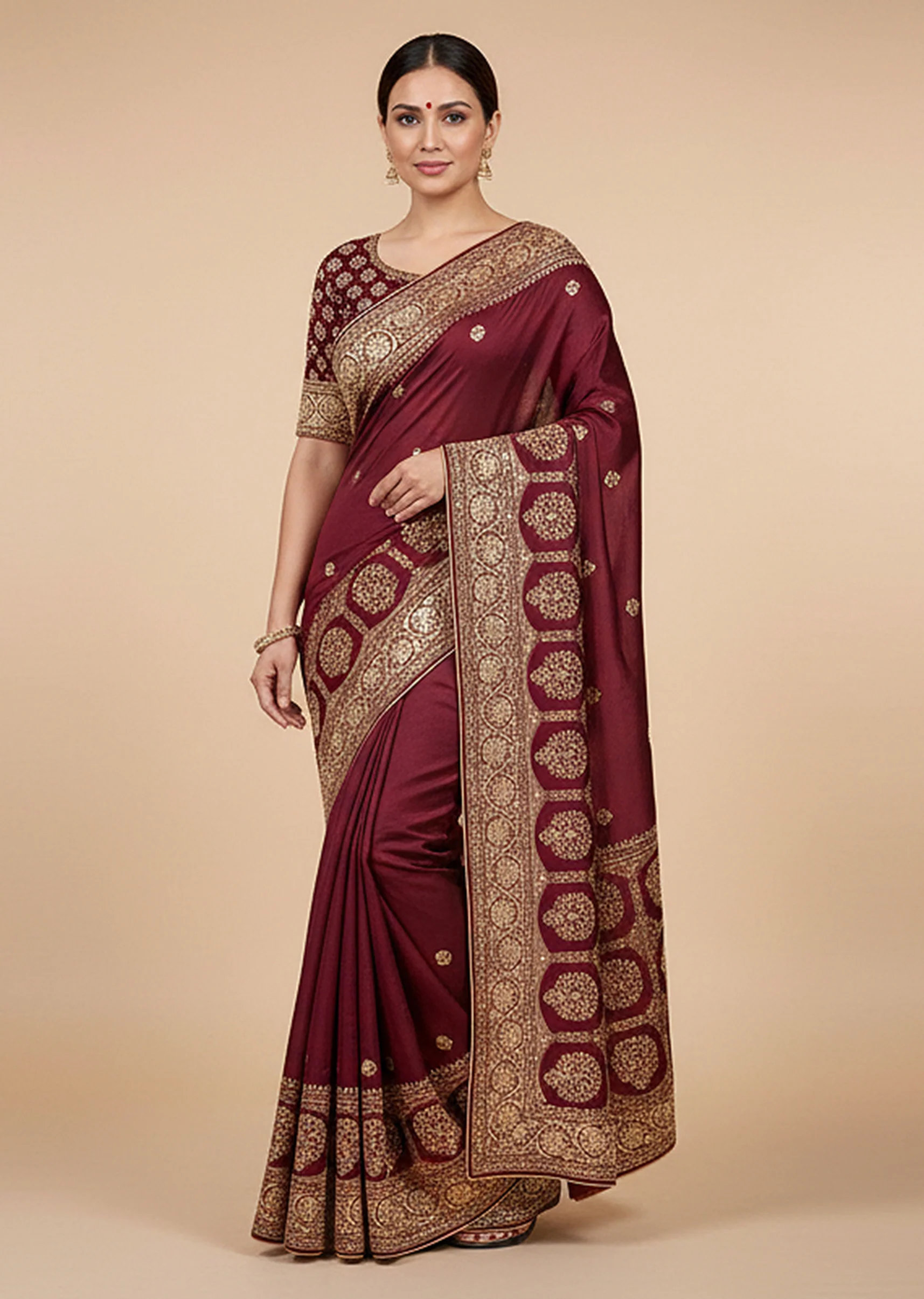 Wine Tailored Embroidered Saree - Image 2