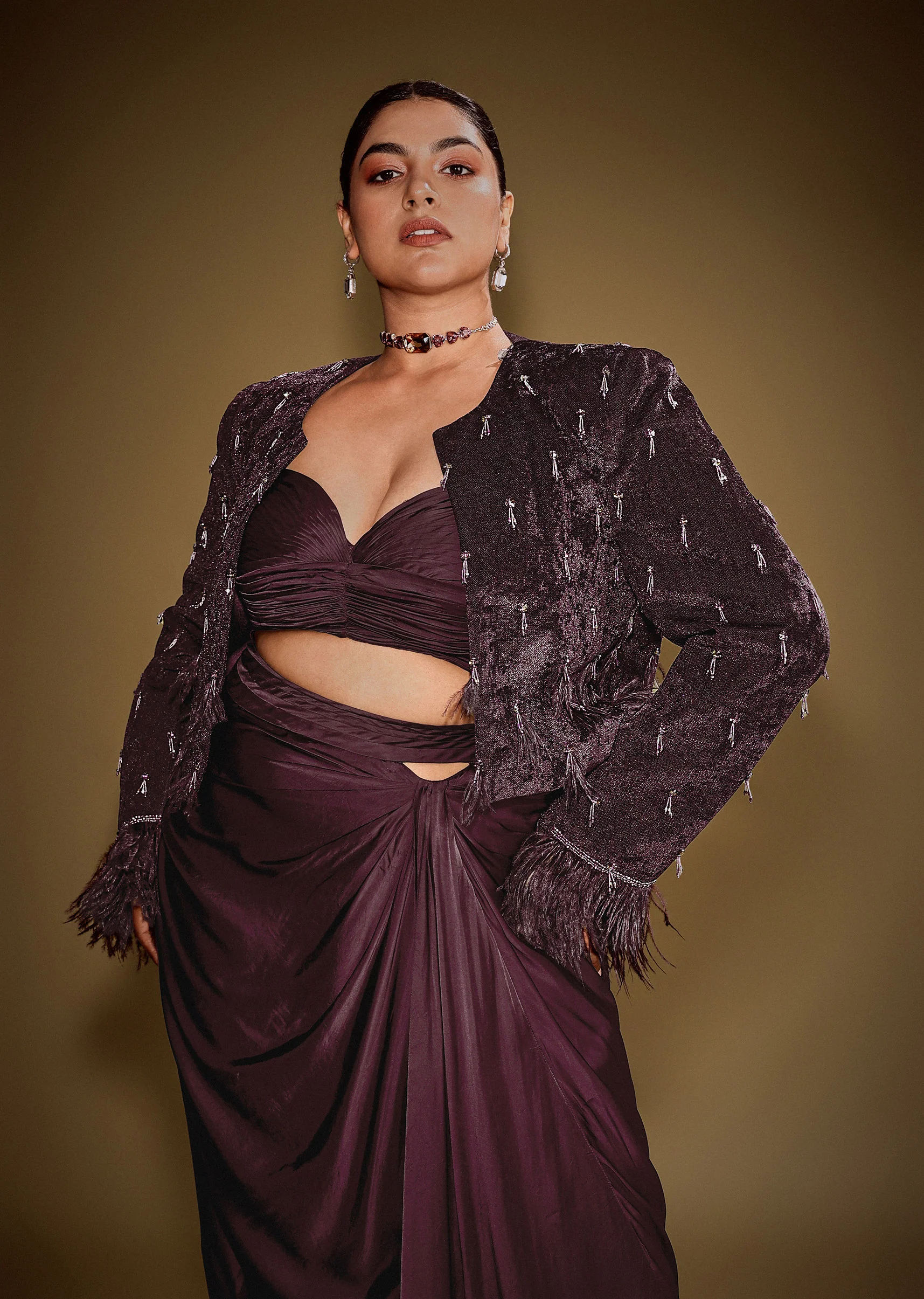 Wine Tassel Embroidered Blazer Set With Bustier And Drape Skirt - Image 2