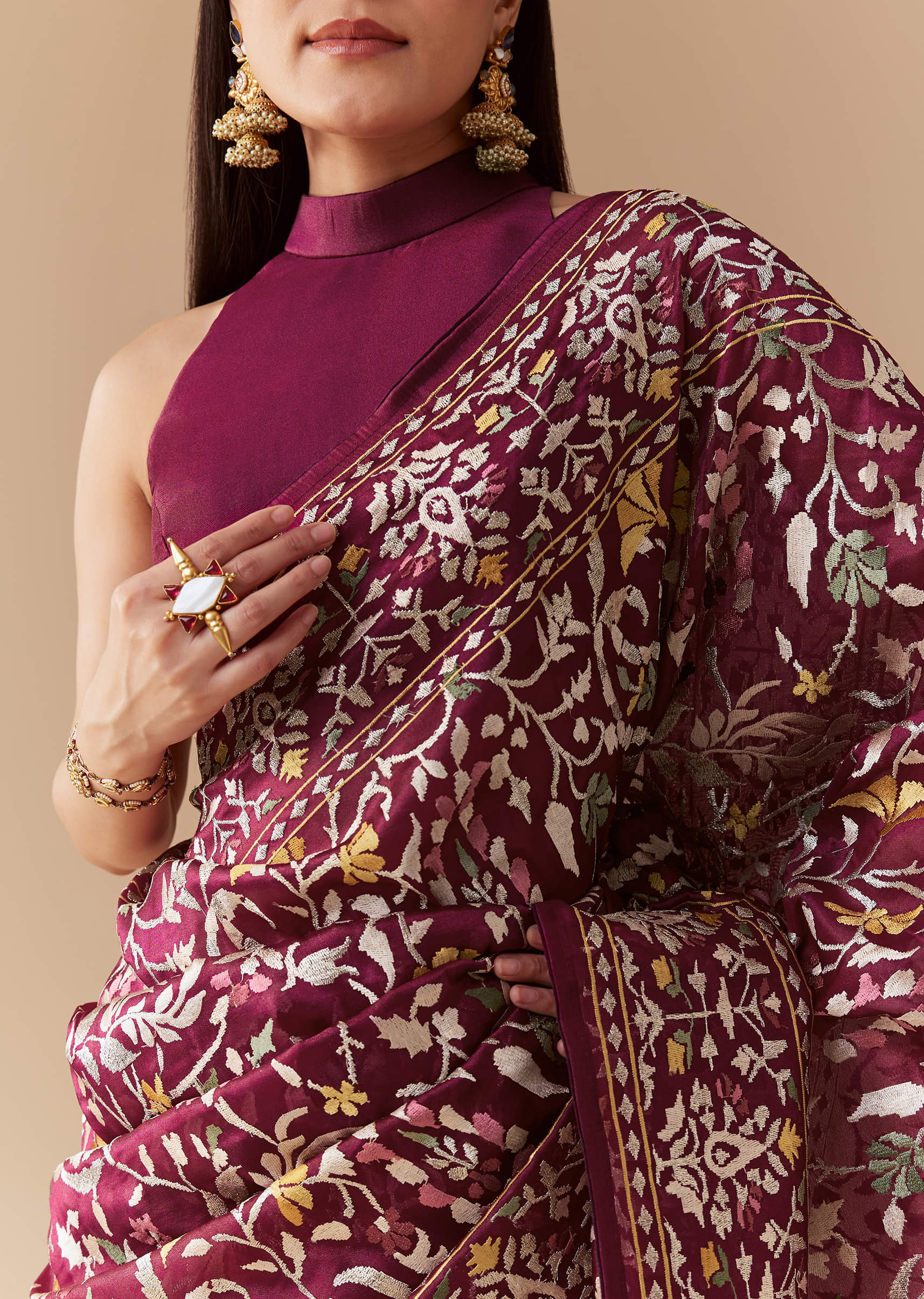 Wine Tissue Organza Embroidered Saree with Unstitched Blouse - Image 2