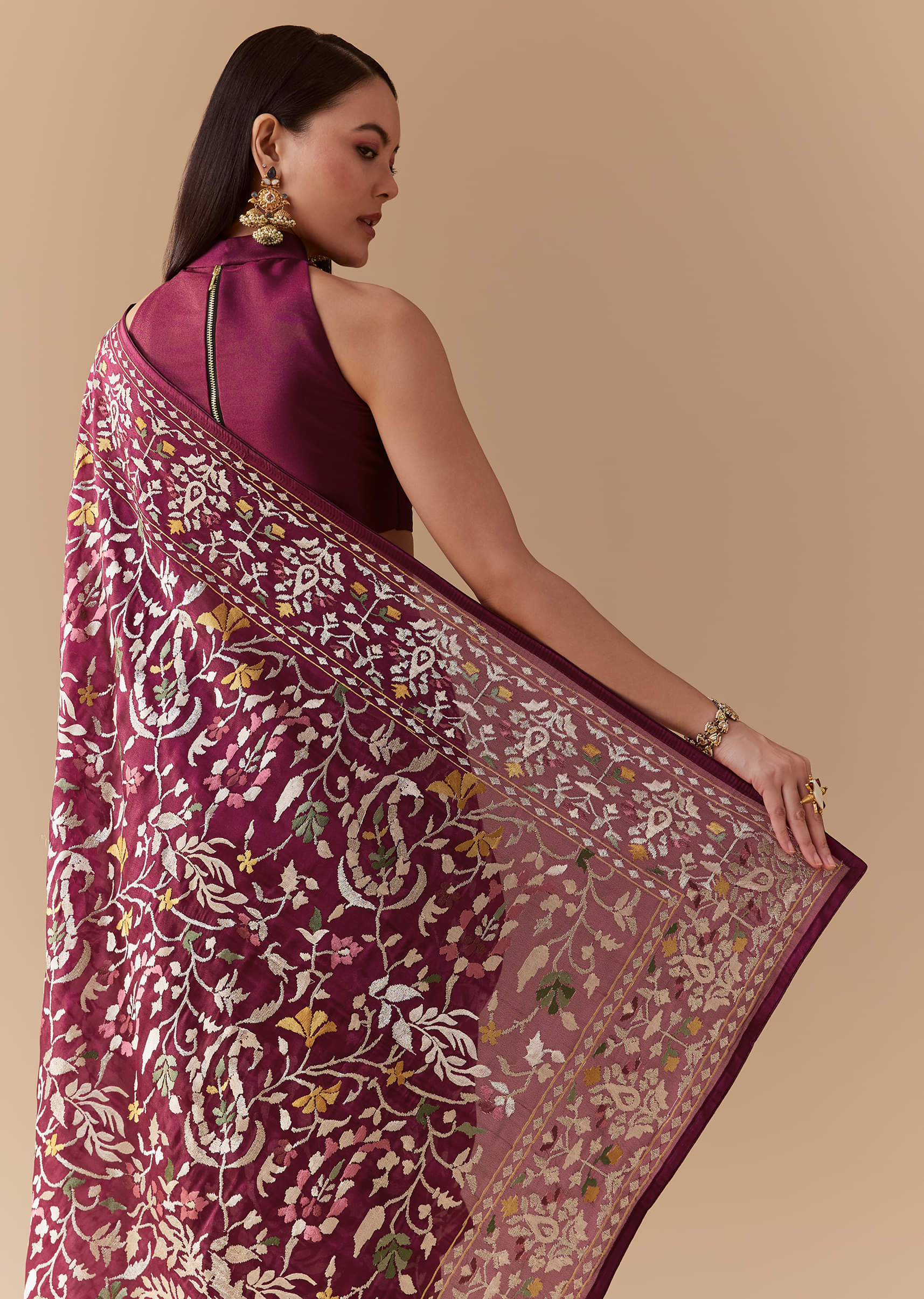 Wine Tissue Organza Embroidered Saree with Unstitched Blouse - Image 6