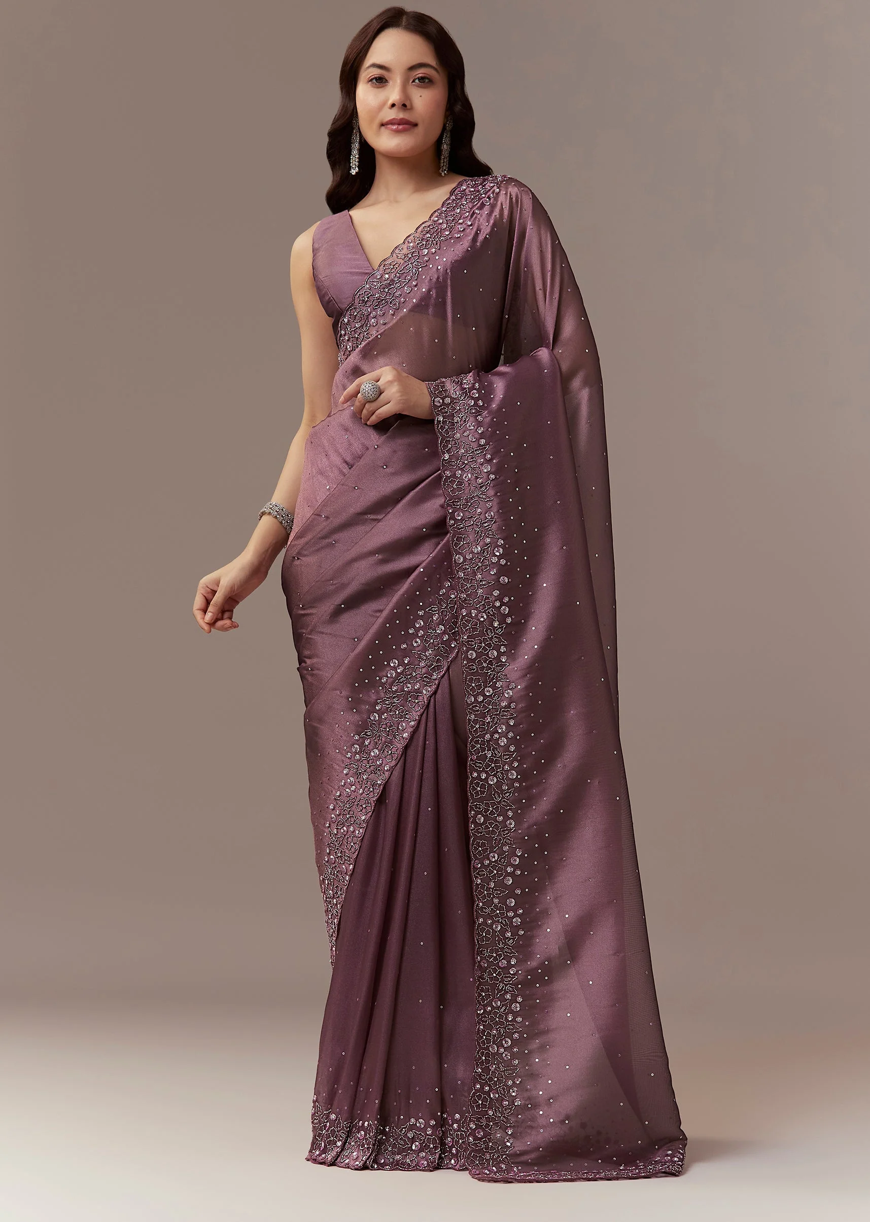 Wine Tissue Saree With Cutdana And Sequin Embroidery
