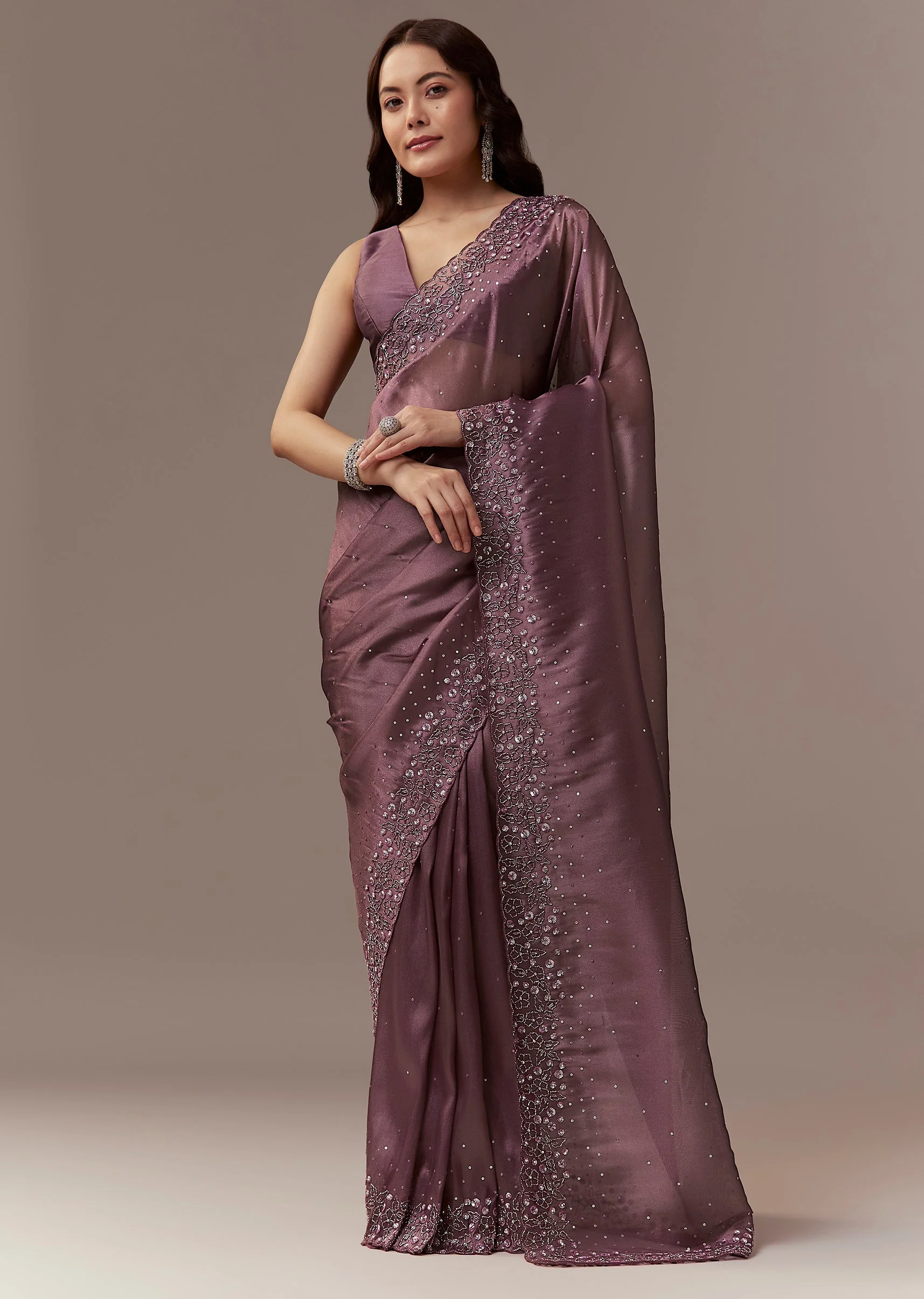 Wine Tissue Saree With Cutdana And Sequin Embroidery - Image 3