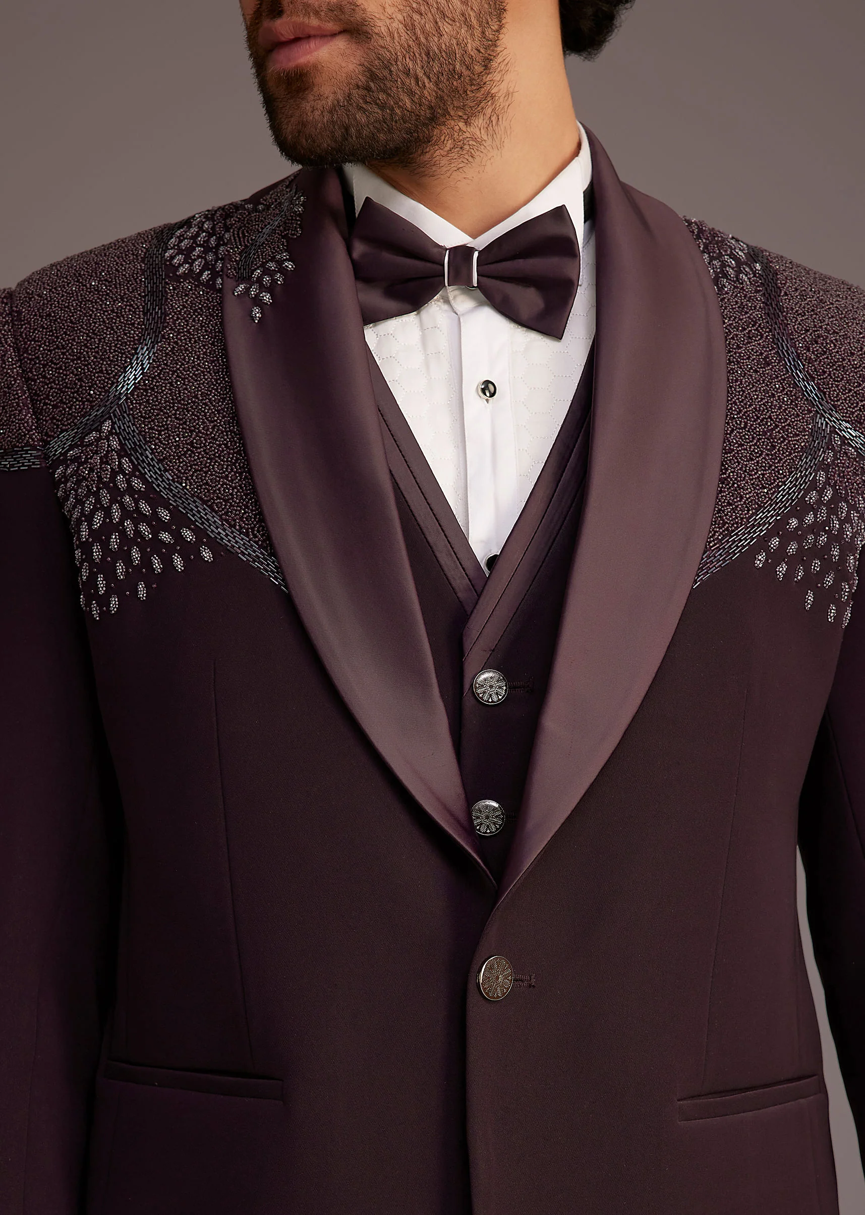 Wine Tuxedo With Beaded Detailing And Satin Peak Lapel - Image 2