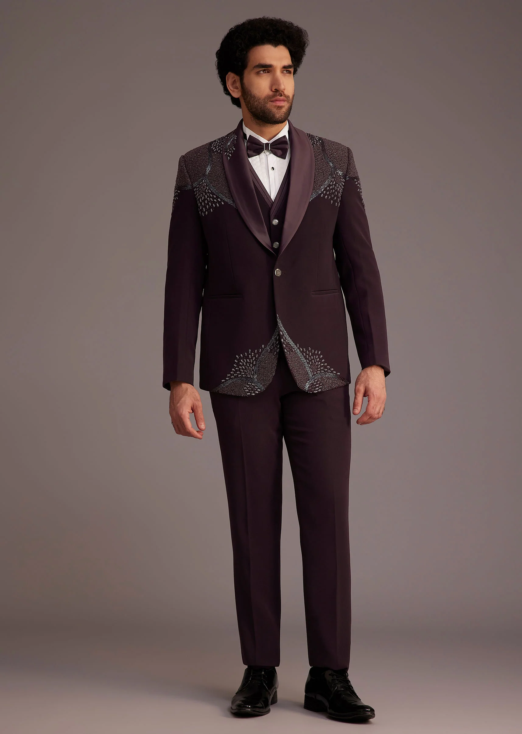 Wine Tuxedo With Beaded Detailing And Satin Peak Lapel - Image 3