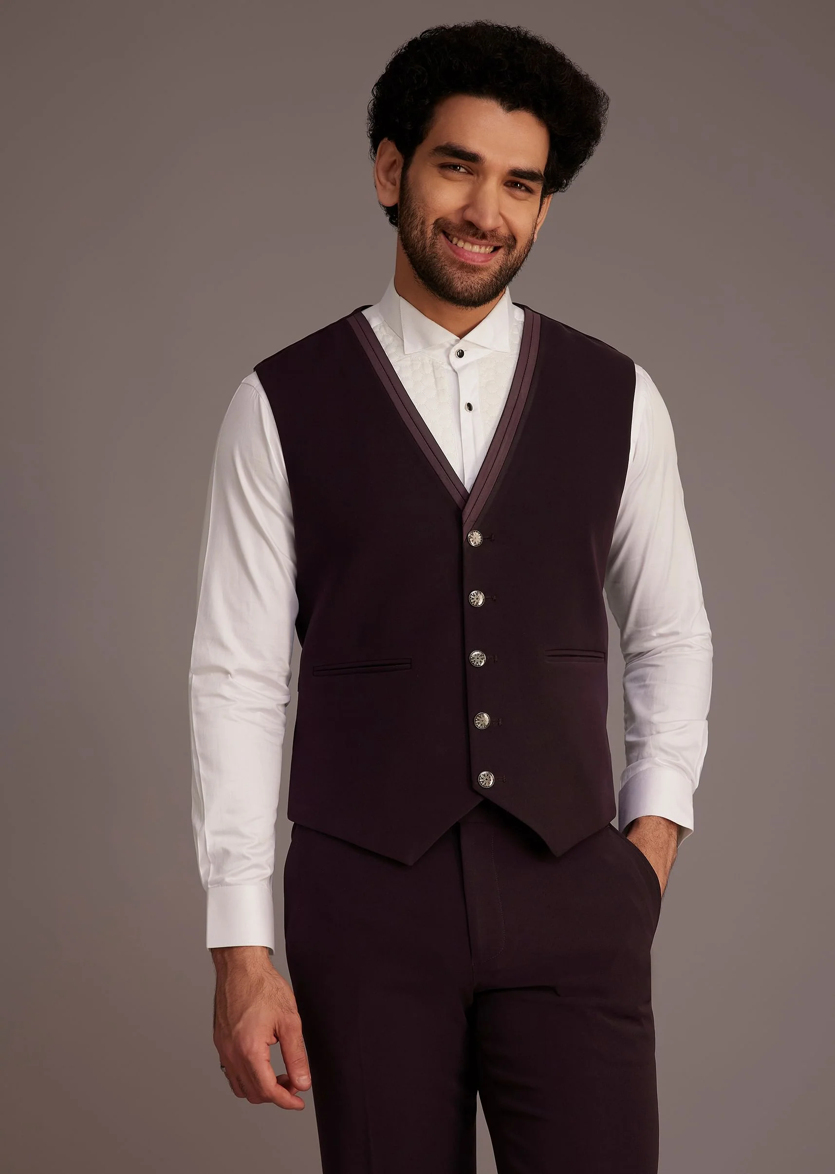 Wine Tuxedo With Beaded Detailing And Satin Peak Lapel - Image 6