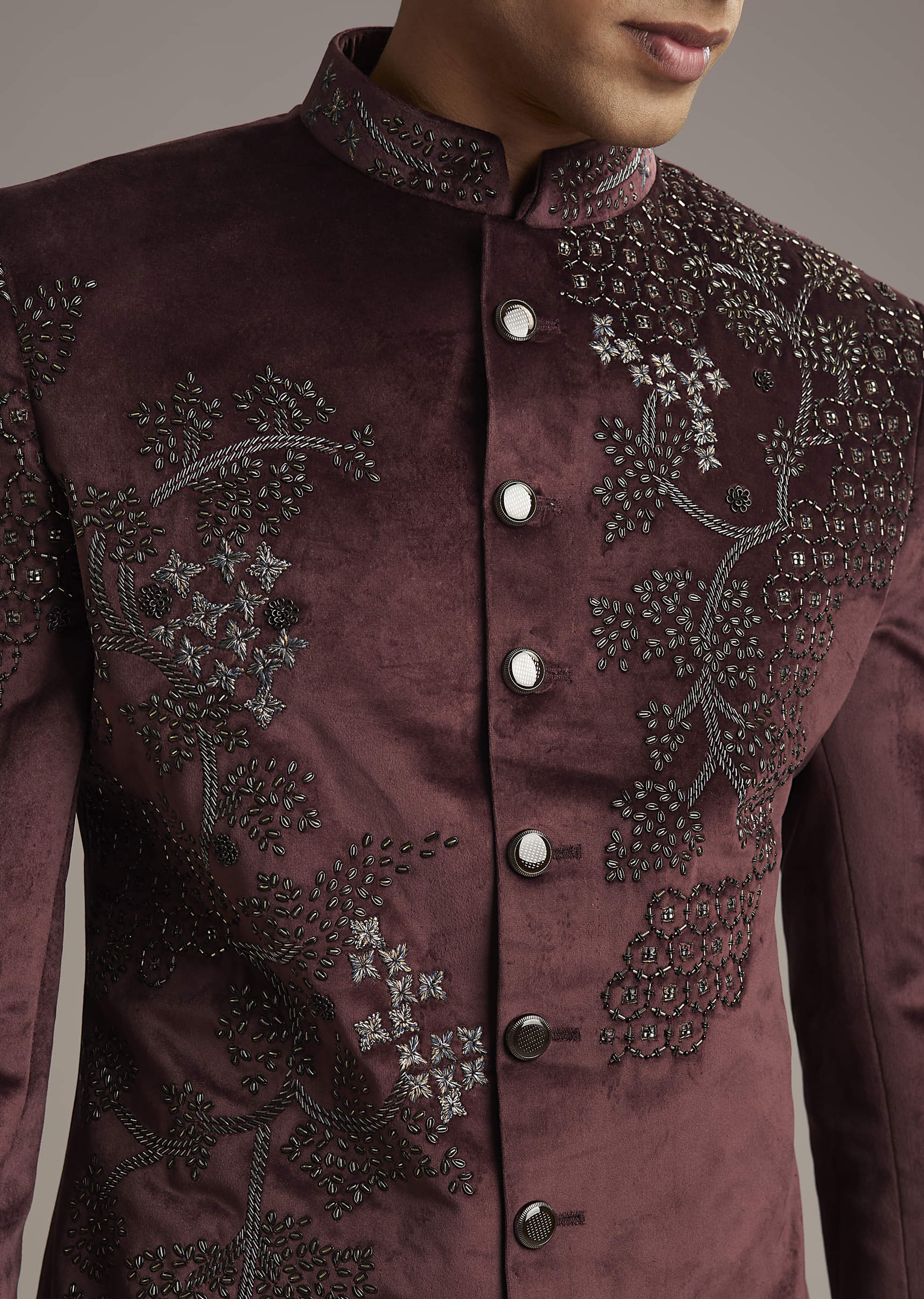 Wine Velvet Indo Western Set For Men With Intricate Hand Embroidery - Image 2