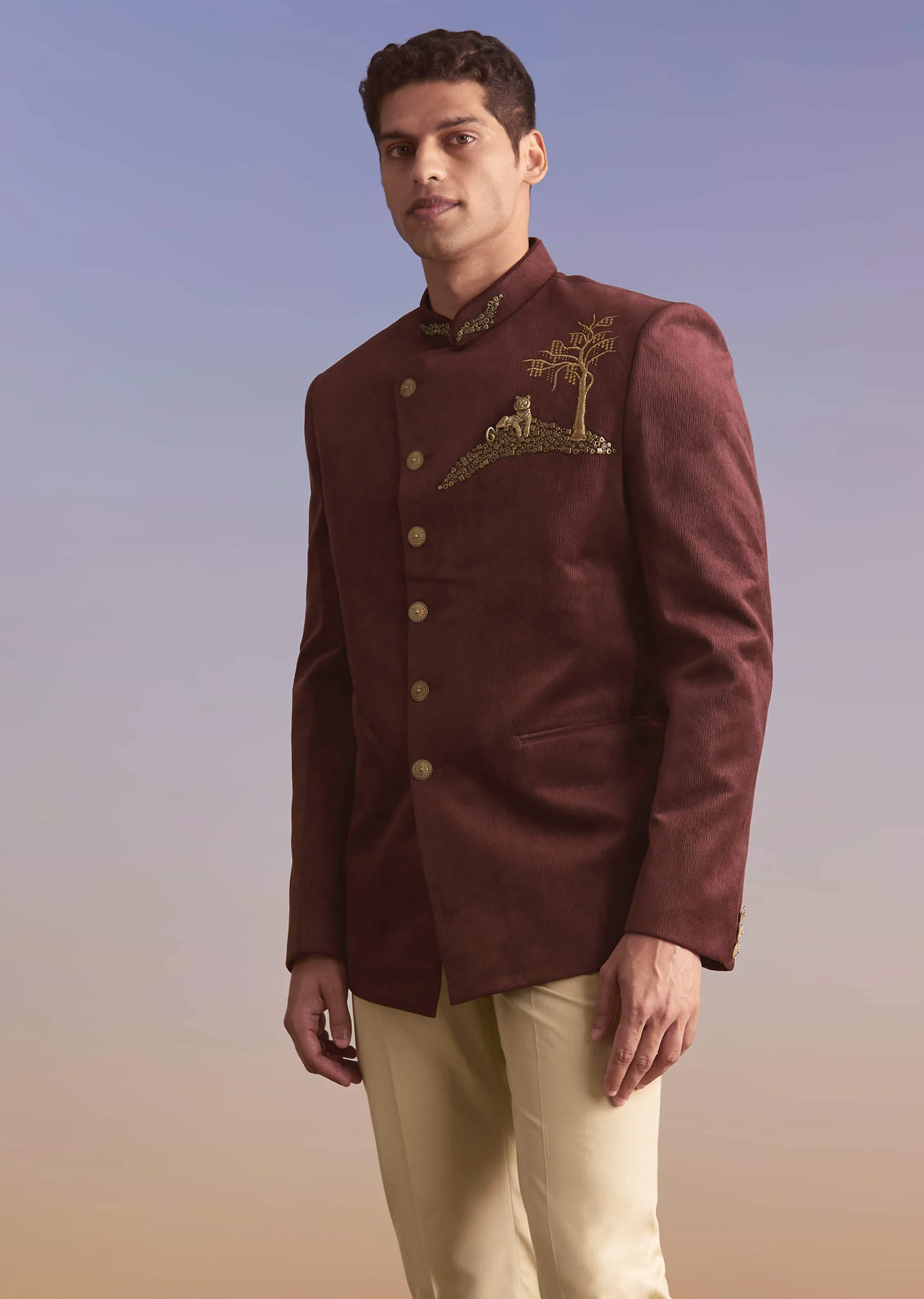 Wine Velvet Jodhpuri Suit For Men With Metal And Zari Embroidery - Image 4