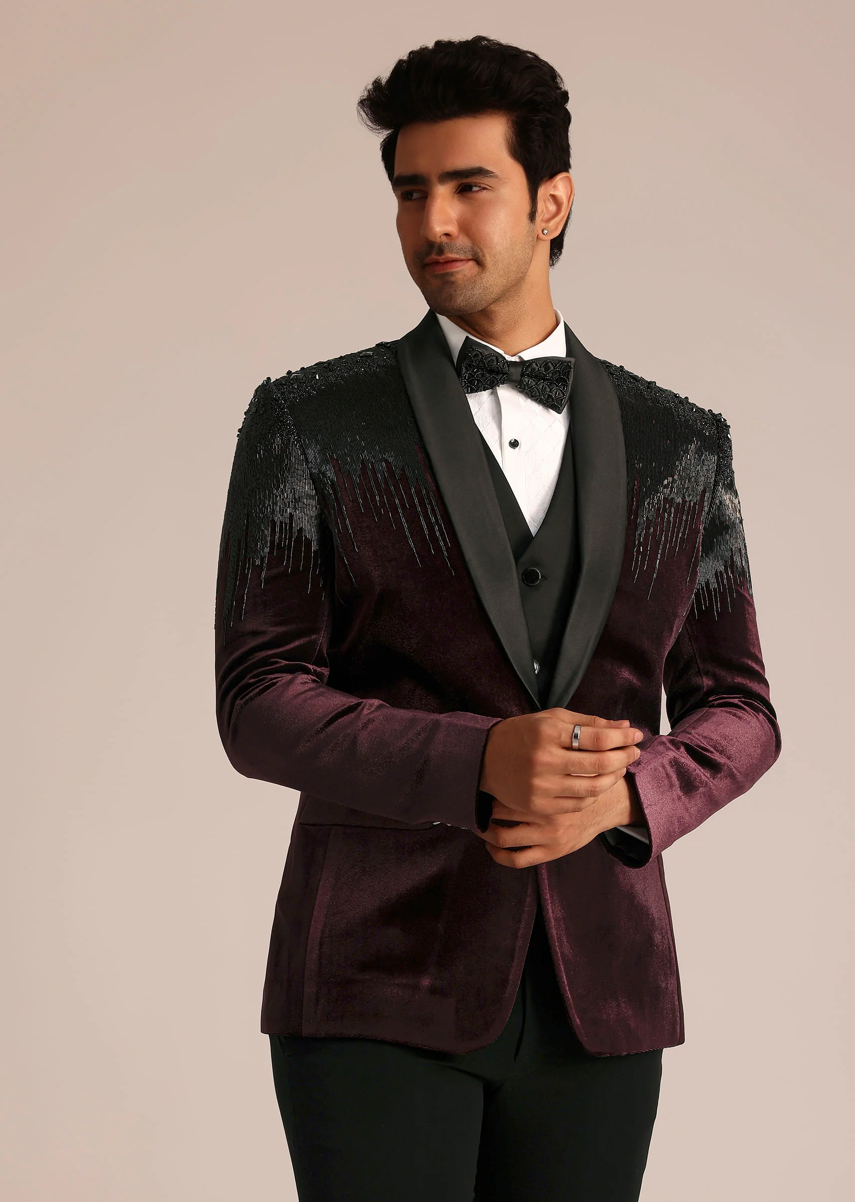 Wine Velvet Suit Set With Zardosi Detailing - Image 3