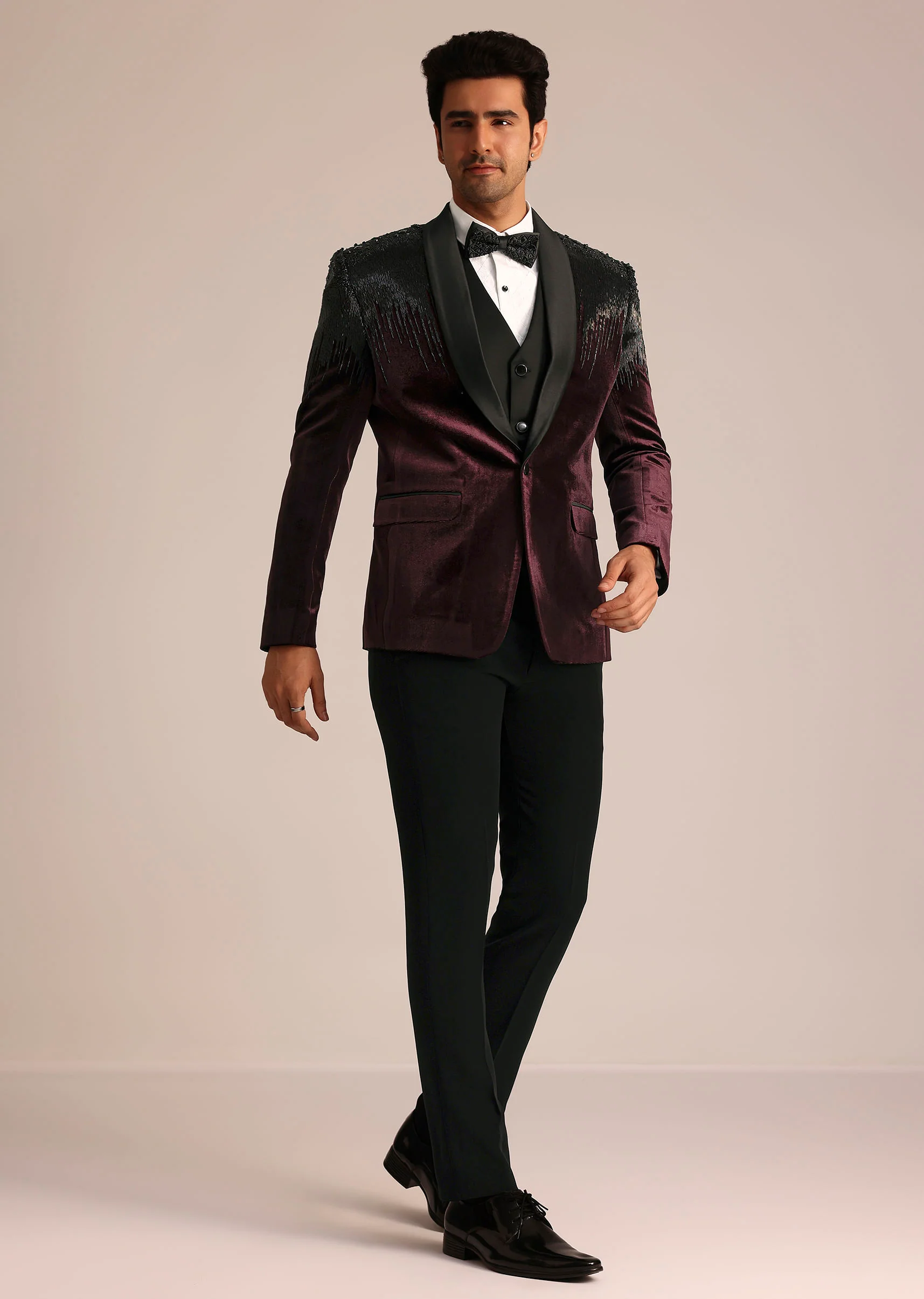 Wine Velvet Suit Set With Zardosi Detailing - Image 4