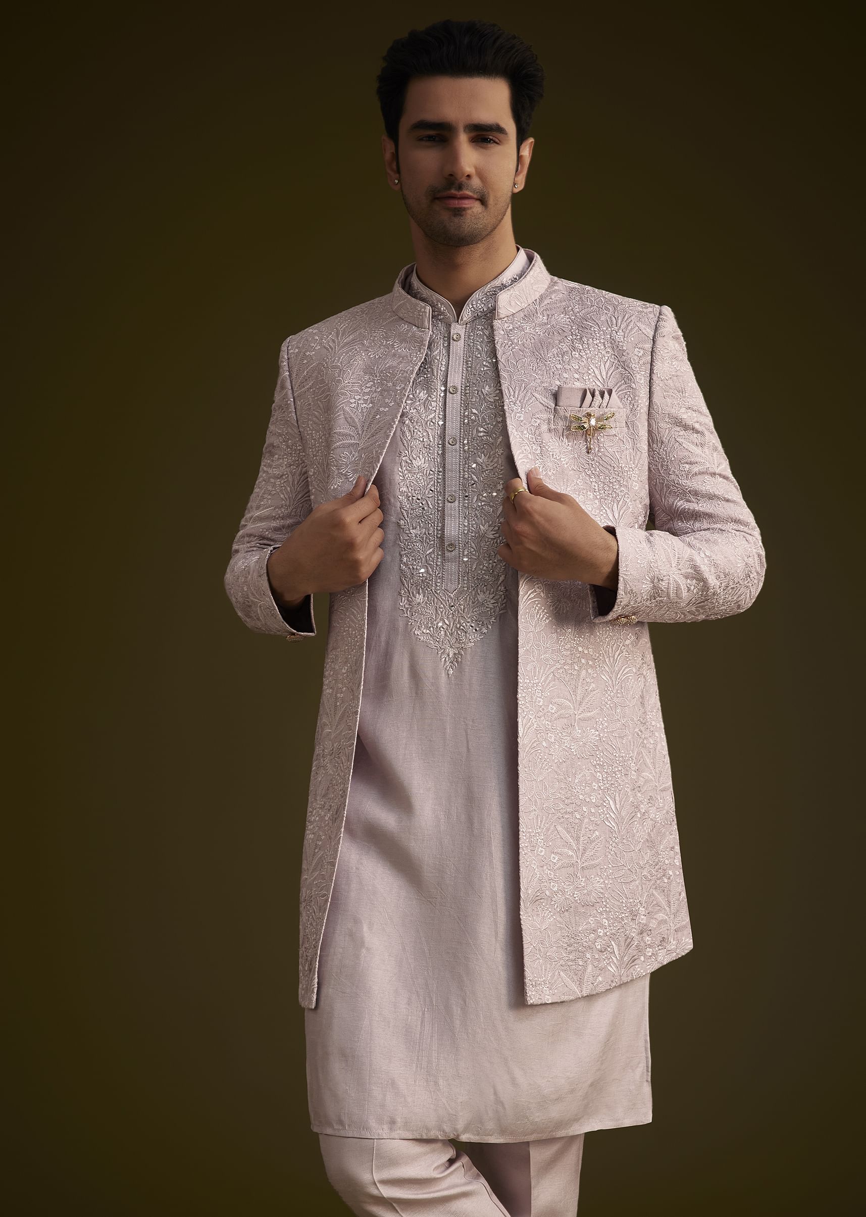 Wisteria Purple Silk Open Style Sherwani Set - Image 3