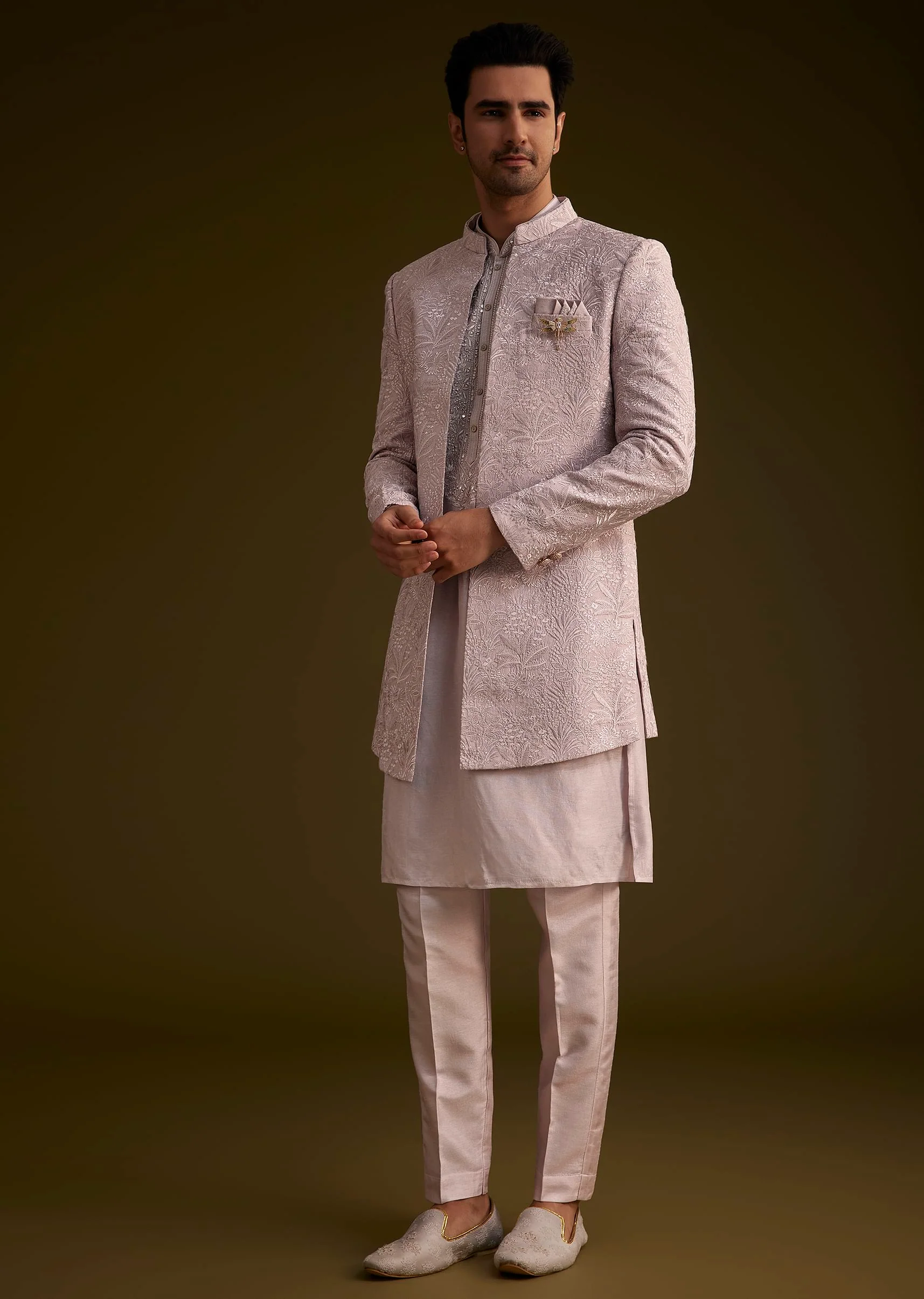 Wisteria Purple Silk Open Style Sherwani Set - Image 4