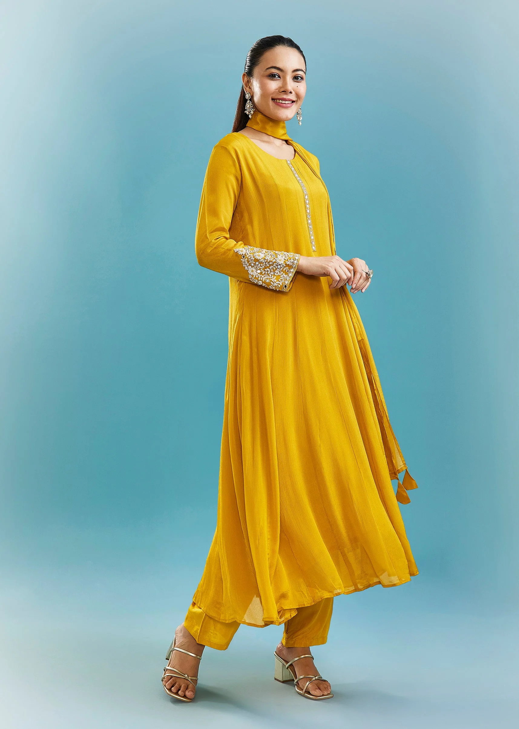 Yellow Anarkali Set With Mirror And Beads Work - Image 3
