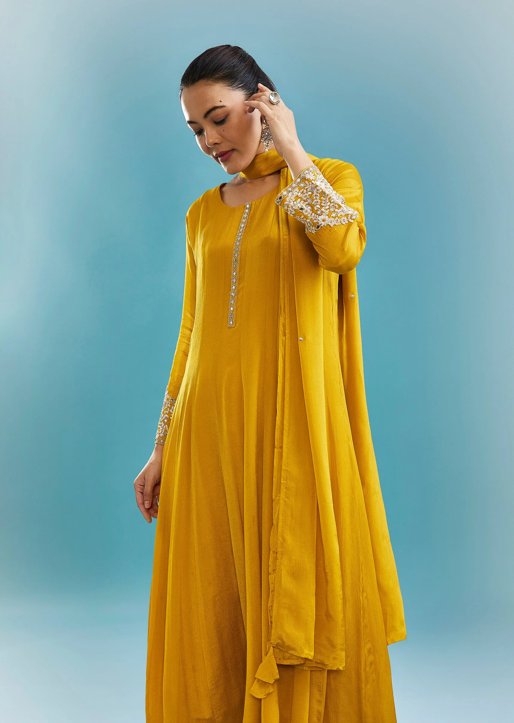 Yellow Anarkali Set With Mirror And Beads Work - Image 4