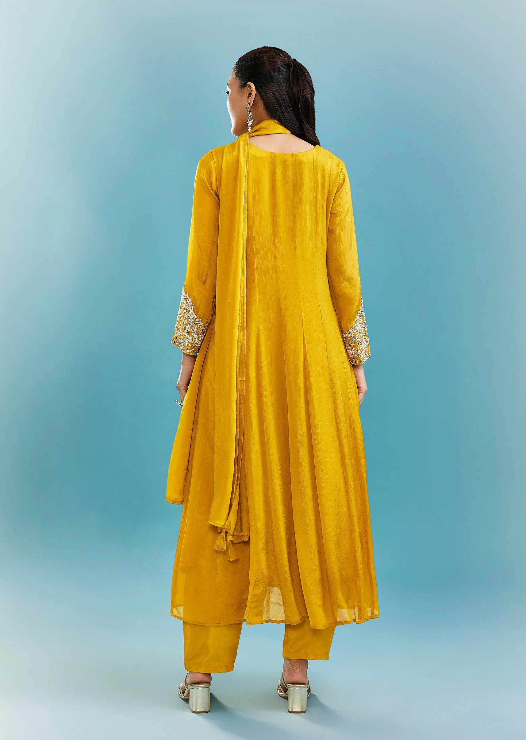 Yellow Anarkali Set With Mirror And Beads Work - Image 5