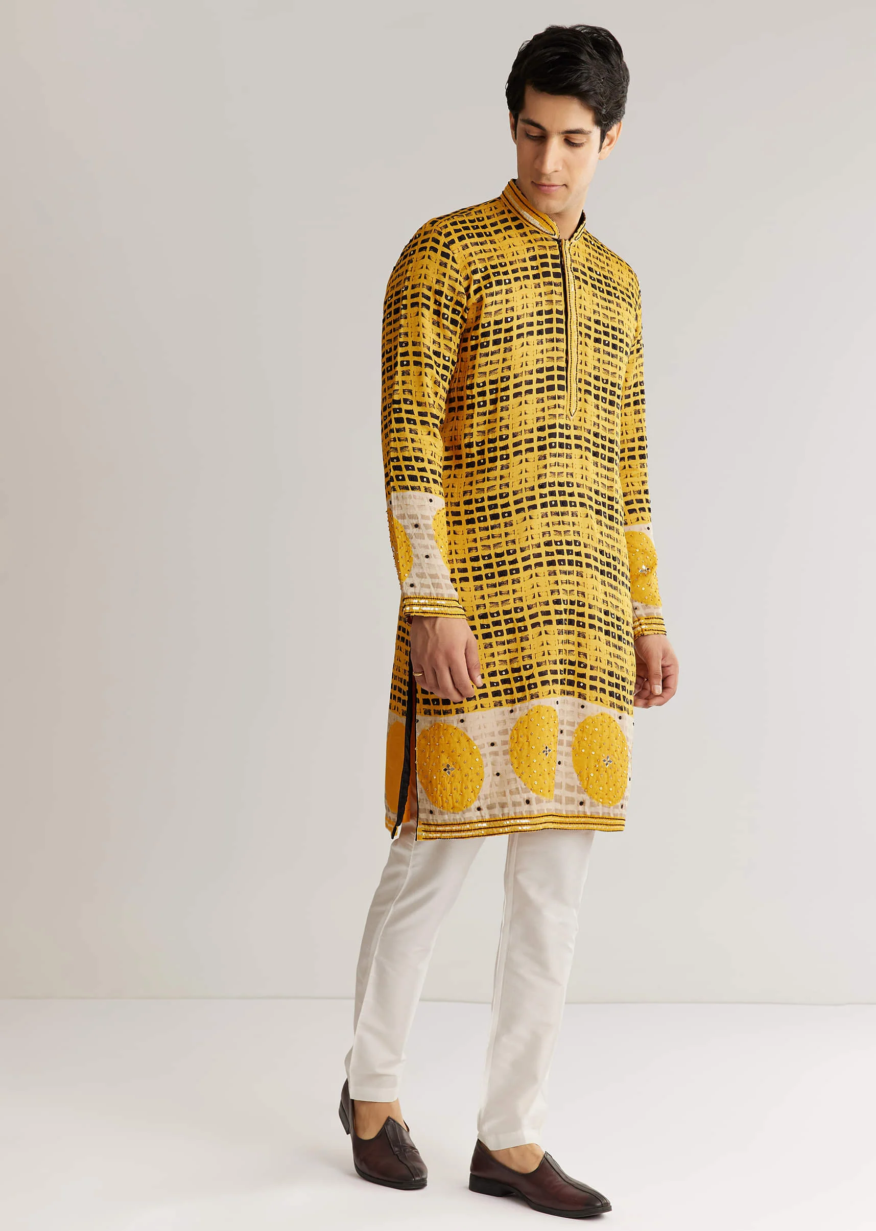 Yellow And Black Silk Resham Printed Kurta Set - Image 5