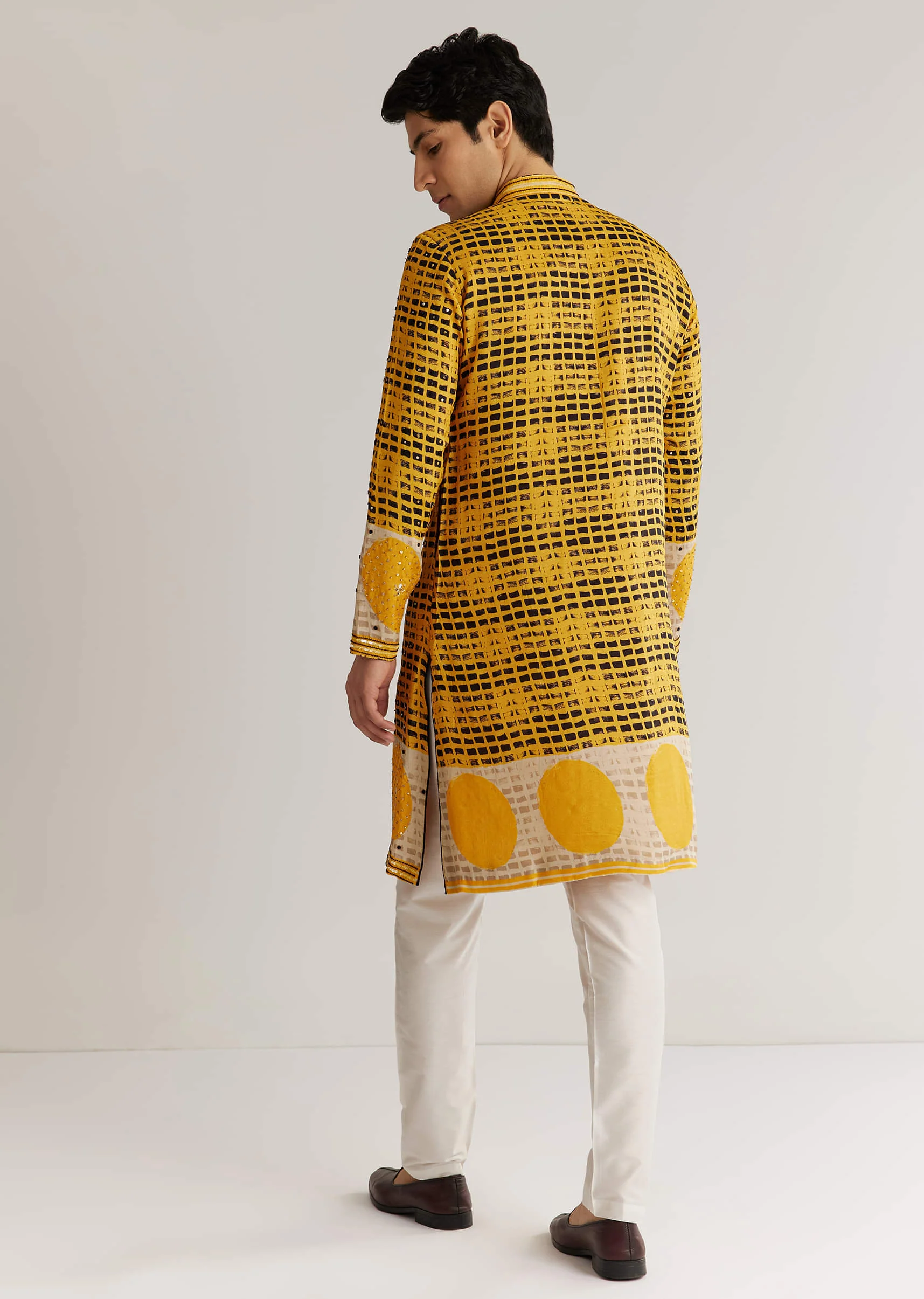Yellow And Black Silk Resham Printed Kurta Set - Image 6