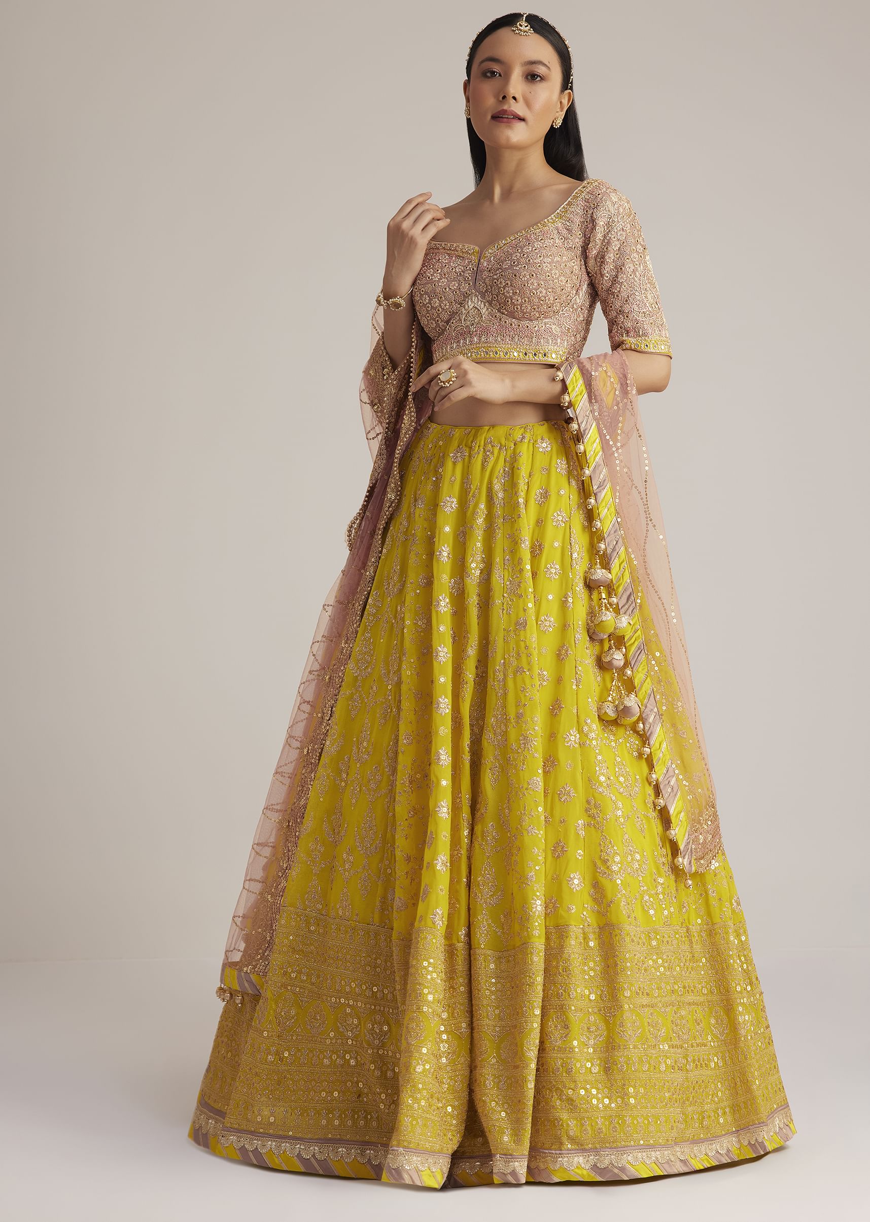 Yellow and Mauve Embroidered Lehenga Set With Net Dupatta - Image 2