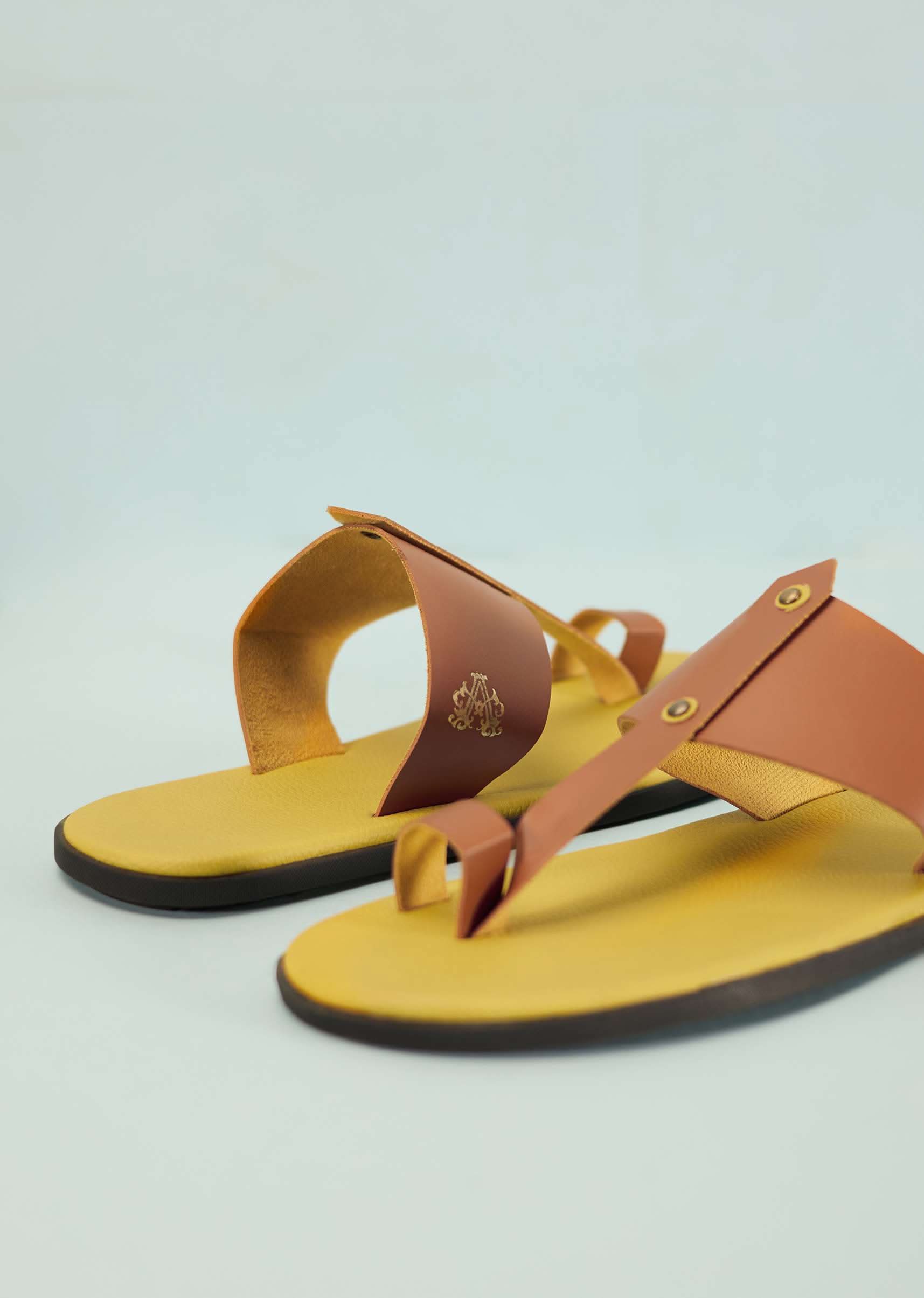 Yellow And Tan Brown Strappy Slides For Men In Leather With Buttons - Image 2
