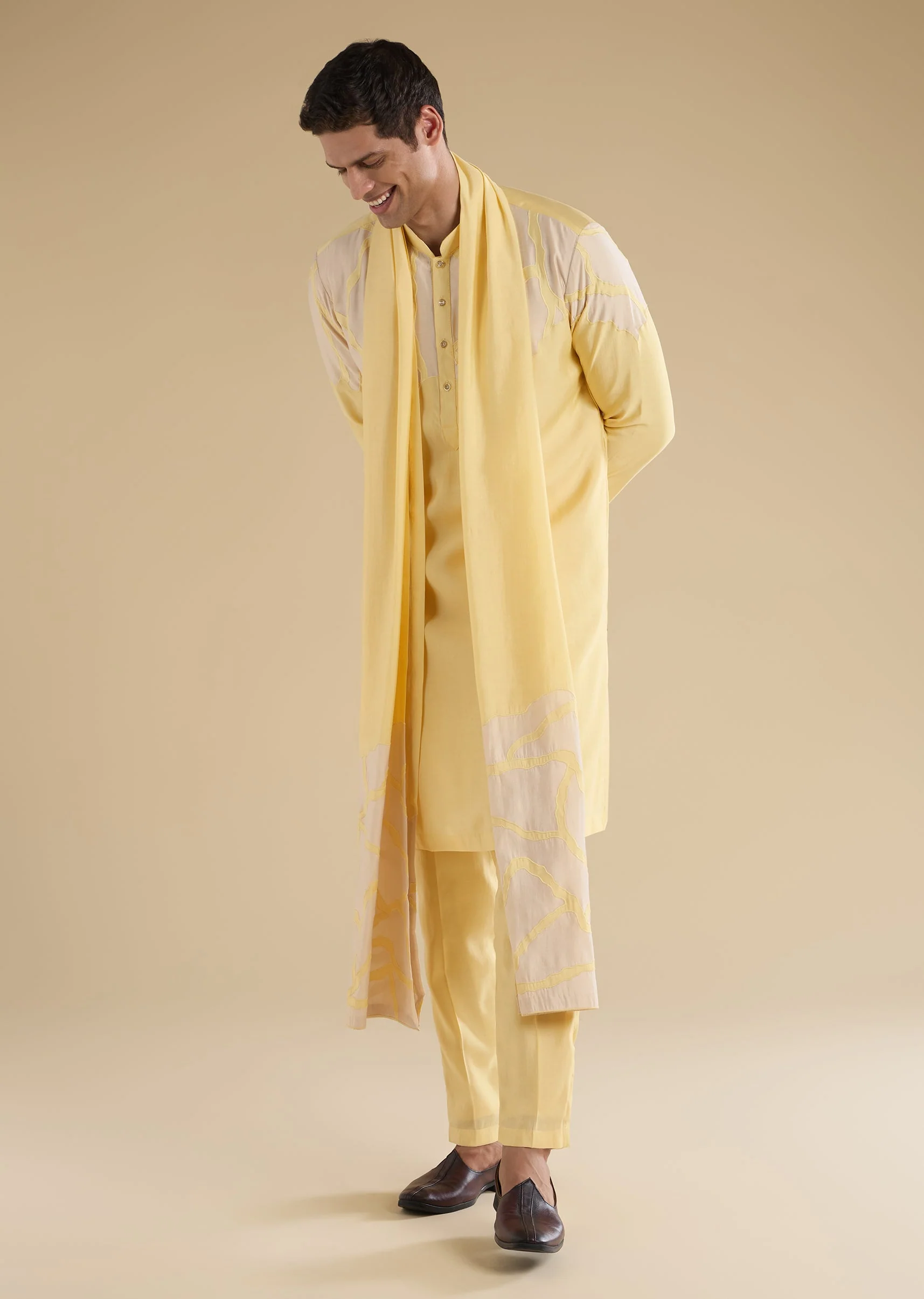 Yellow Applique Kurta Set With Dupatta - Image 3