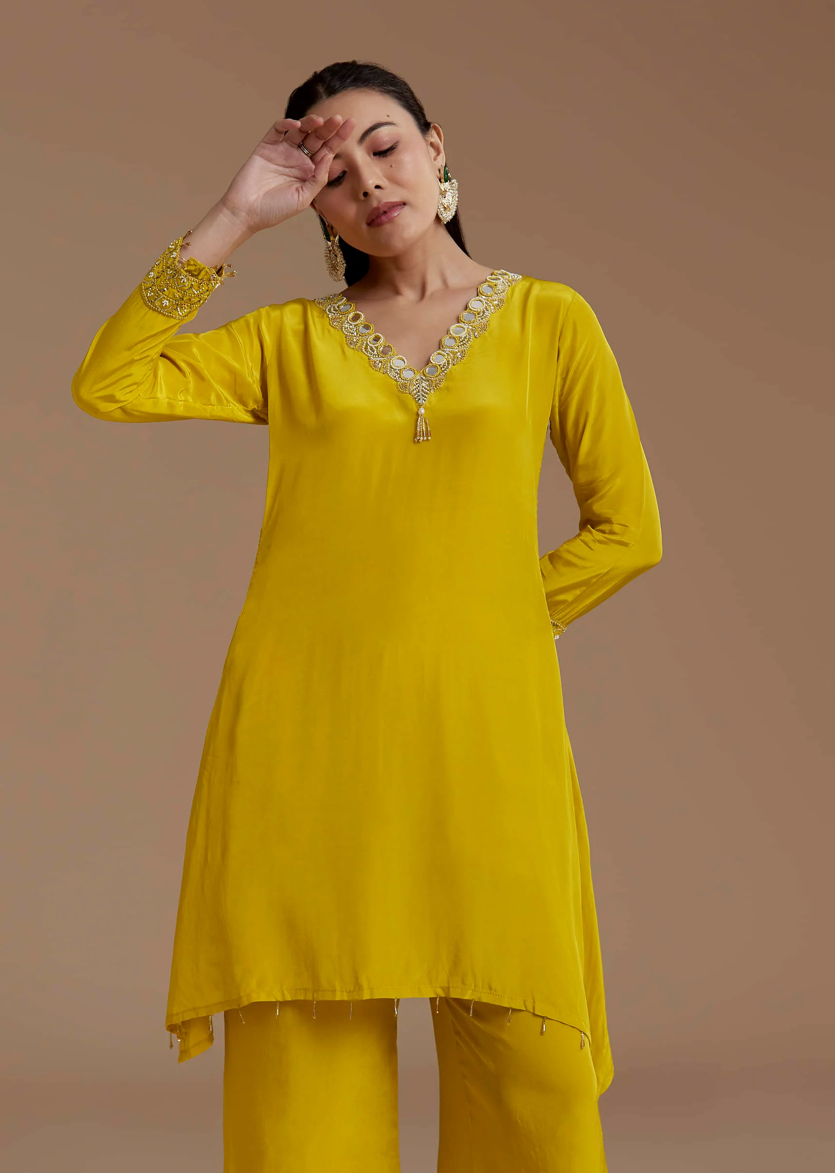 Yellow Asymmetric Kurta and Palazzo Set - Image 4
