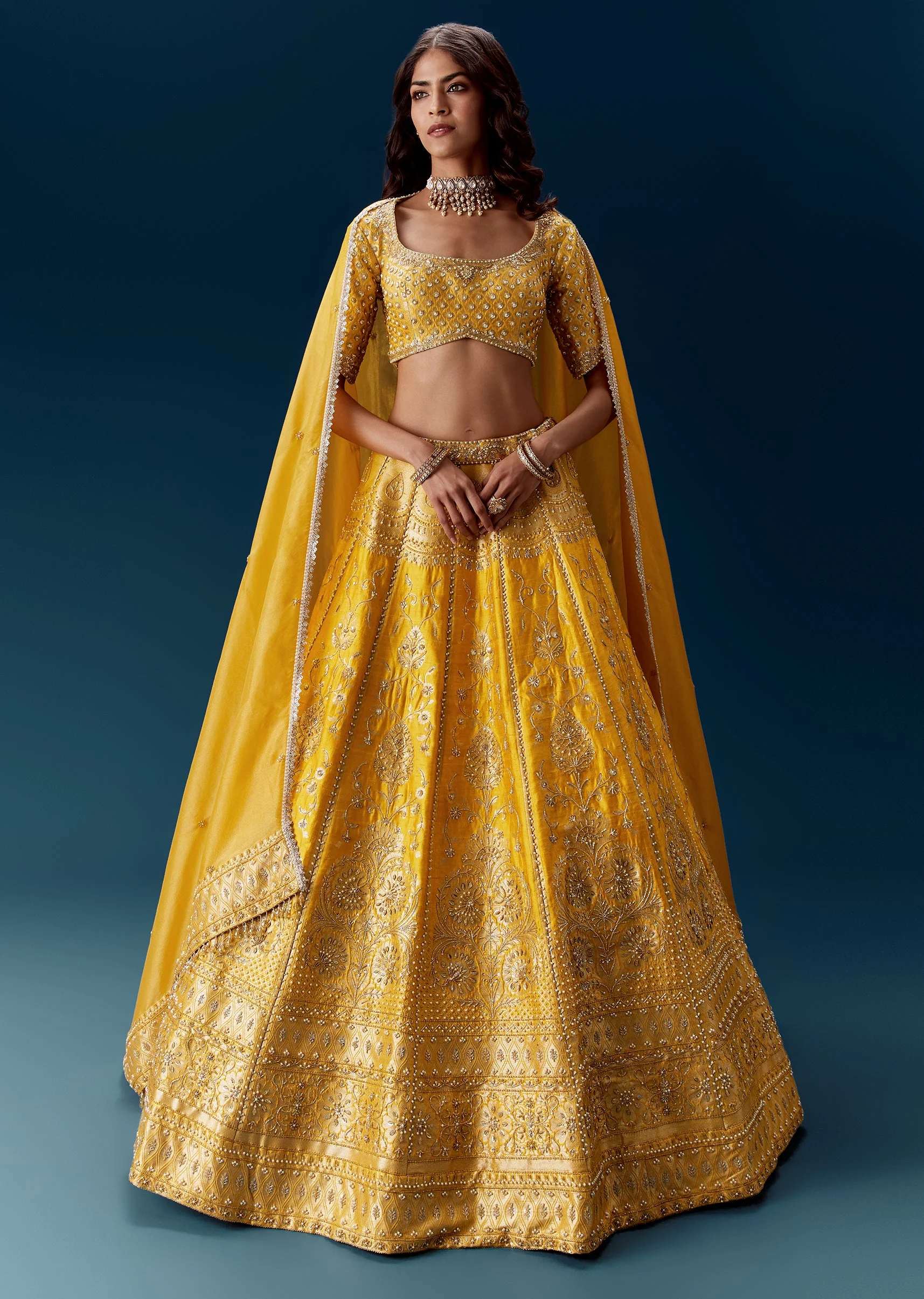Yellow Banarasi Embroidered Bridal Lehenga With Dupattas