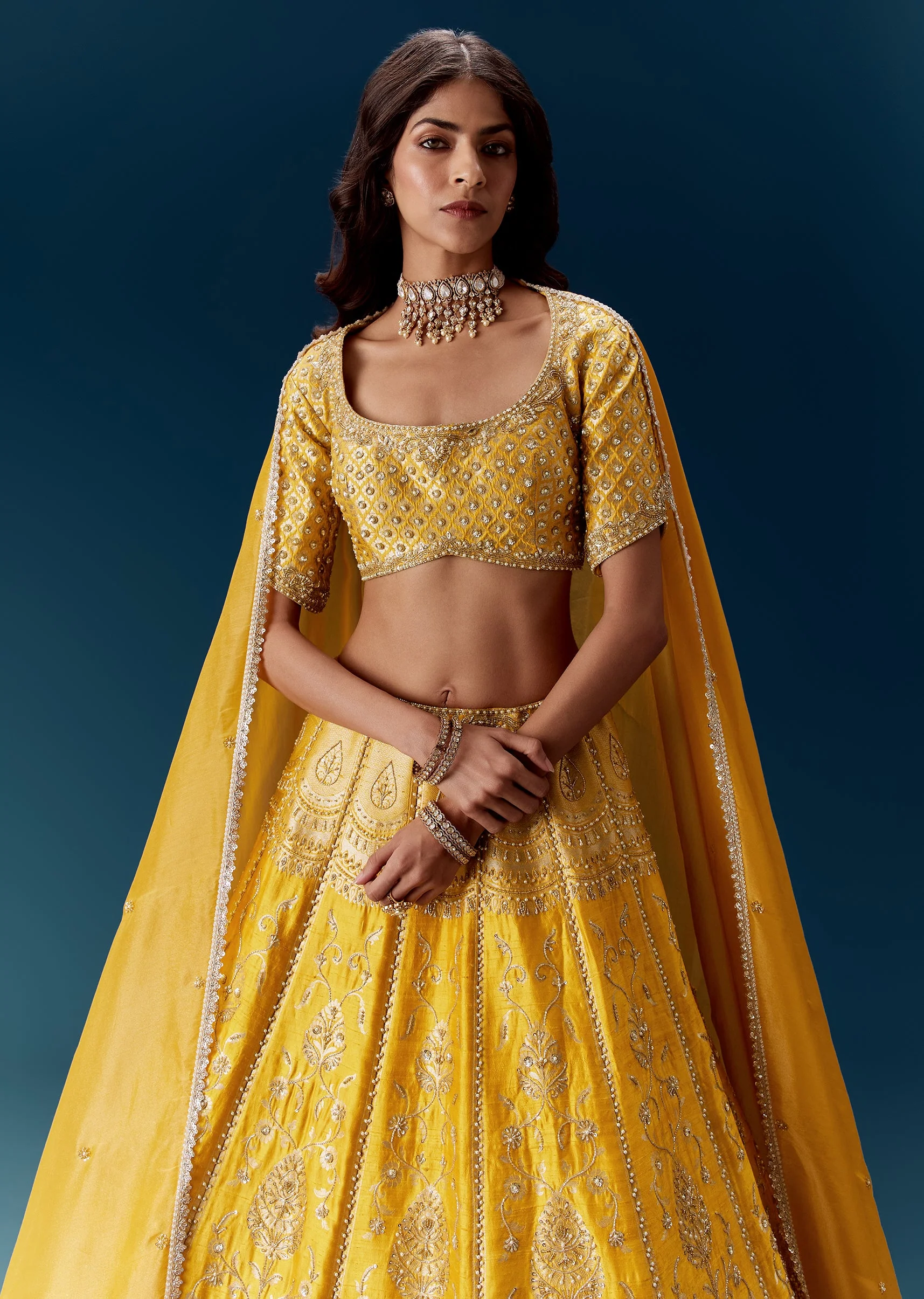 Yellow Banarasi Embroidered Bridal Lehenga With Dupattas - Image 5
