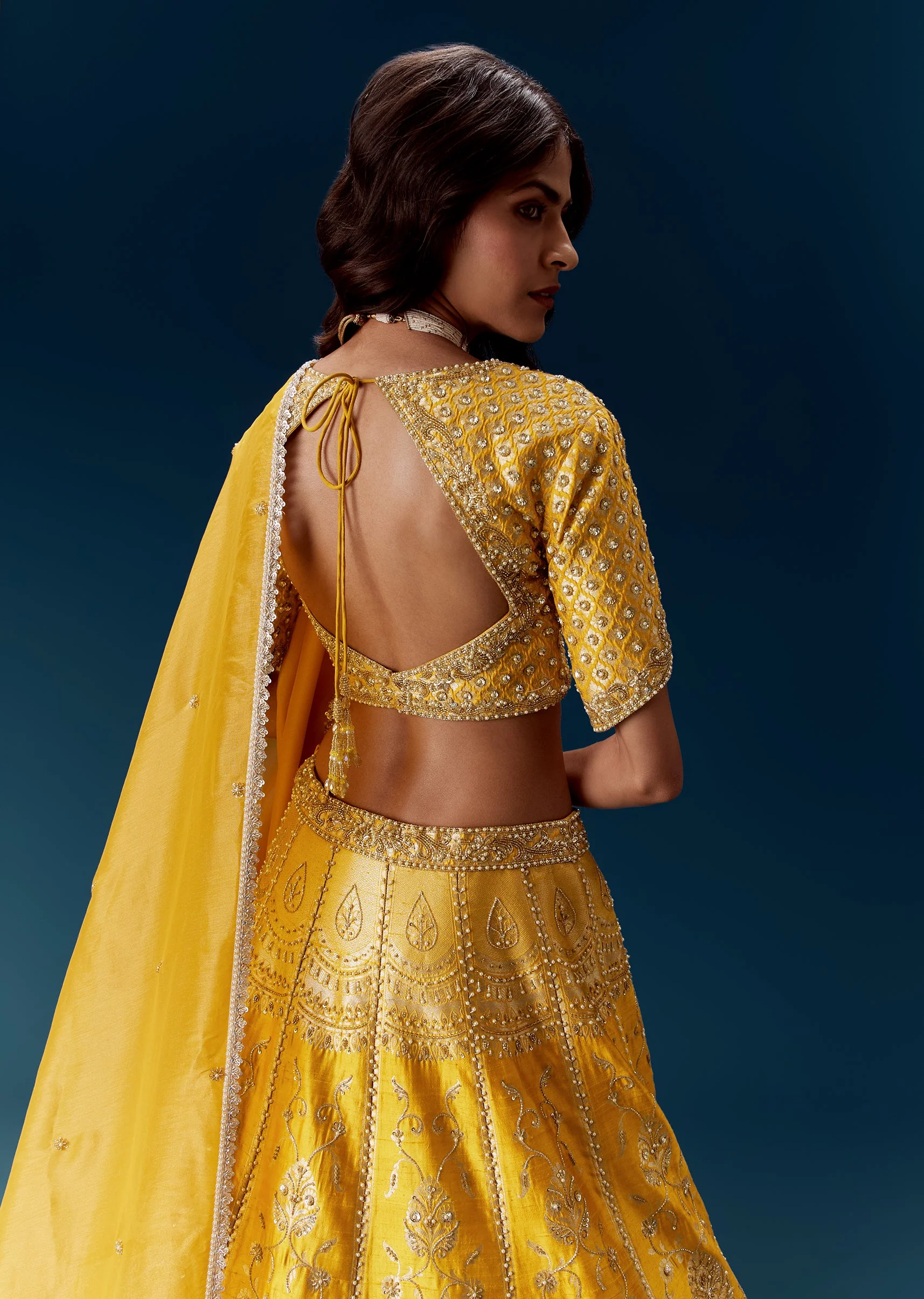 Yellow Banarasi Embroidered Bridal Lehenga With Dupattas - Image 6