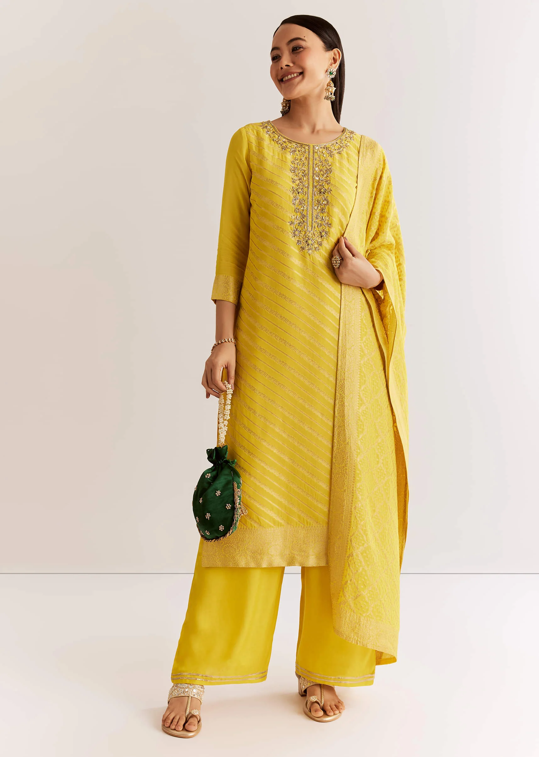Yellow Banarasi Georgette Kurta Set With Zardosi And Cutdana Work - Image 3