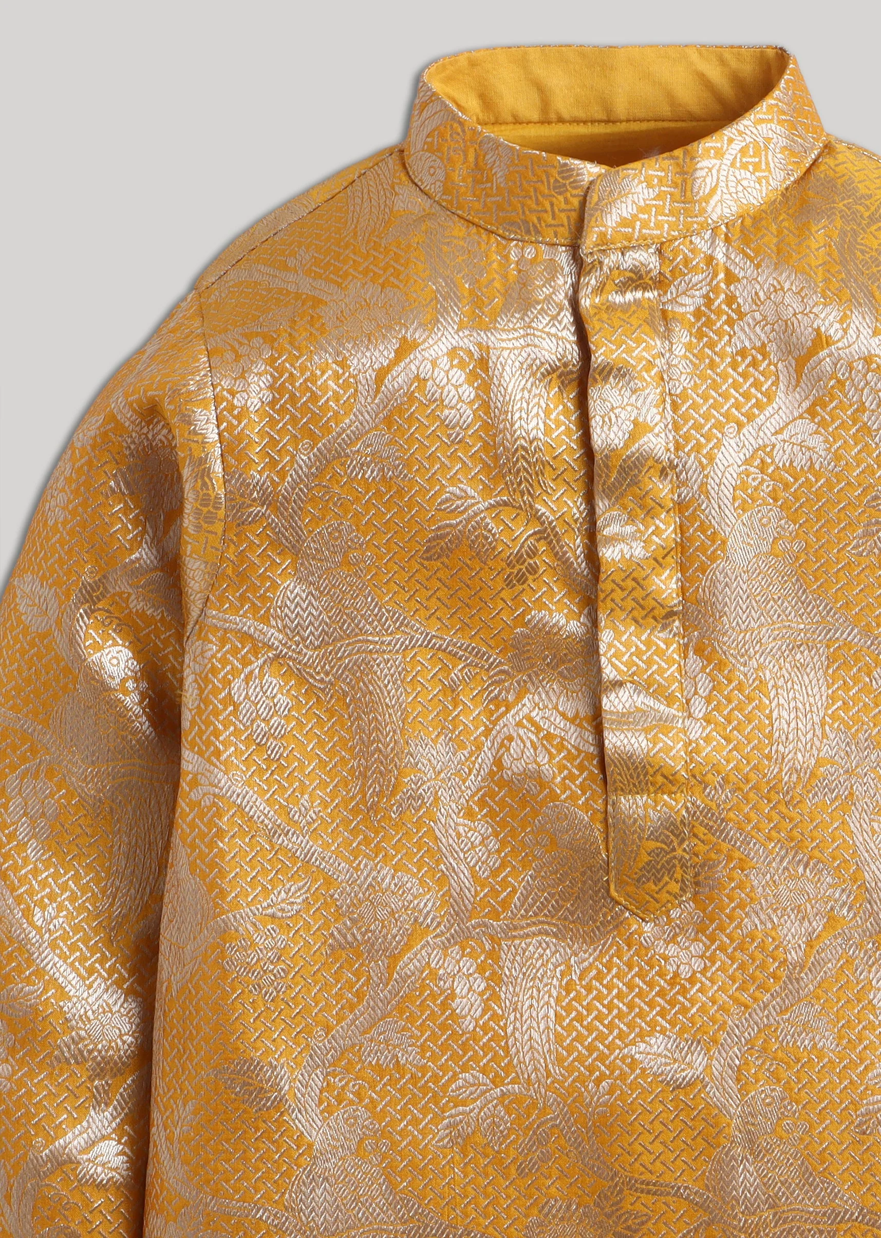 Yellow Banarasi Silk Boys Kurta Set - Image 4