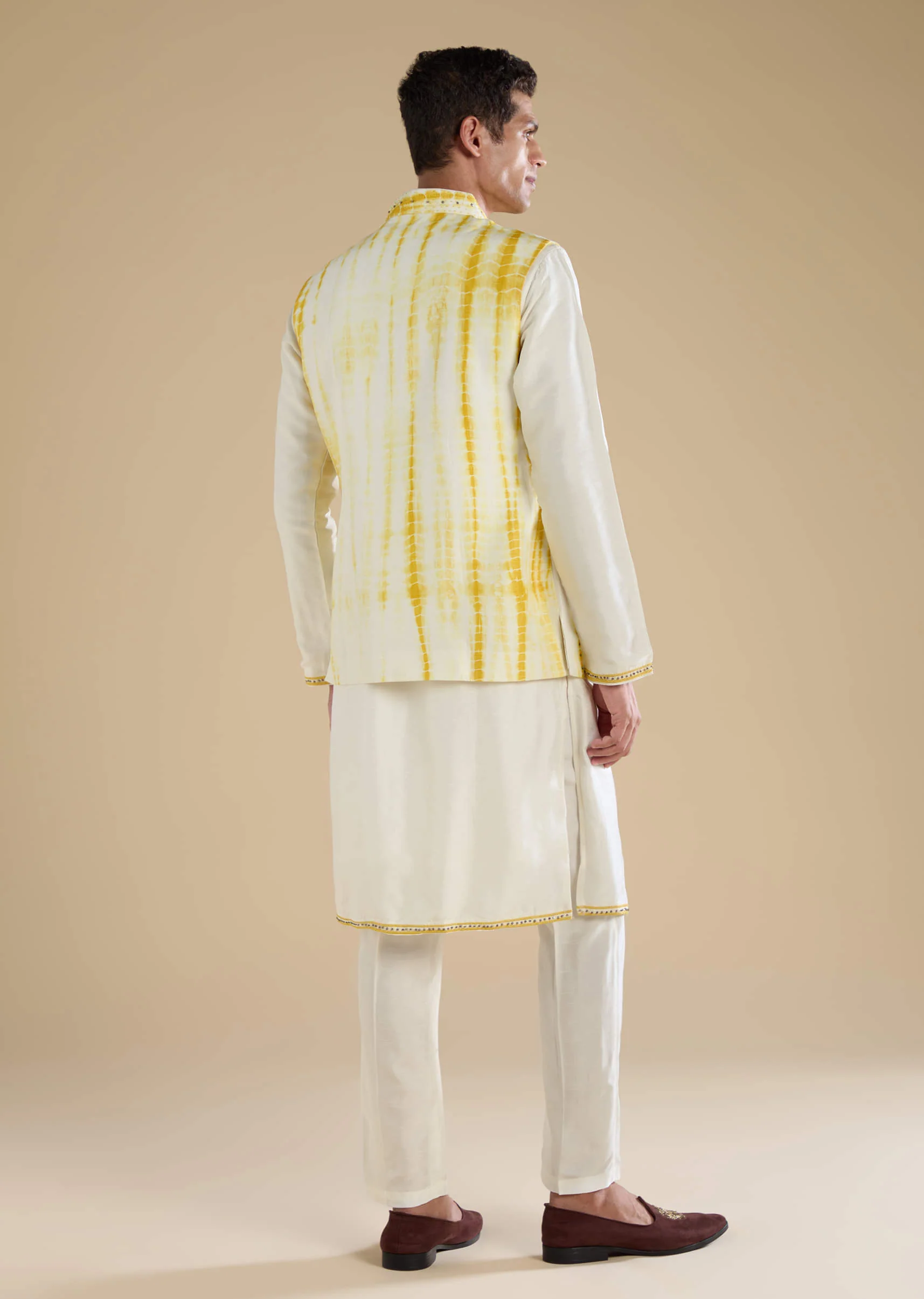 Yellow Banarasi Silk Jacket Kurta Set with Sequin Work - Image 5