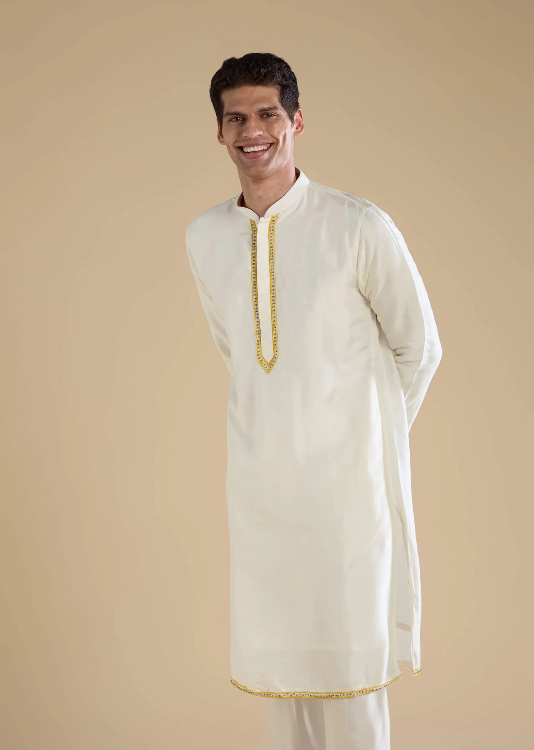 Yellow Banarasi Silk Jacket Kurta Set with Sequin Work - Image 6