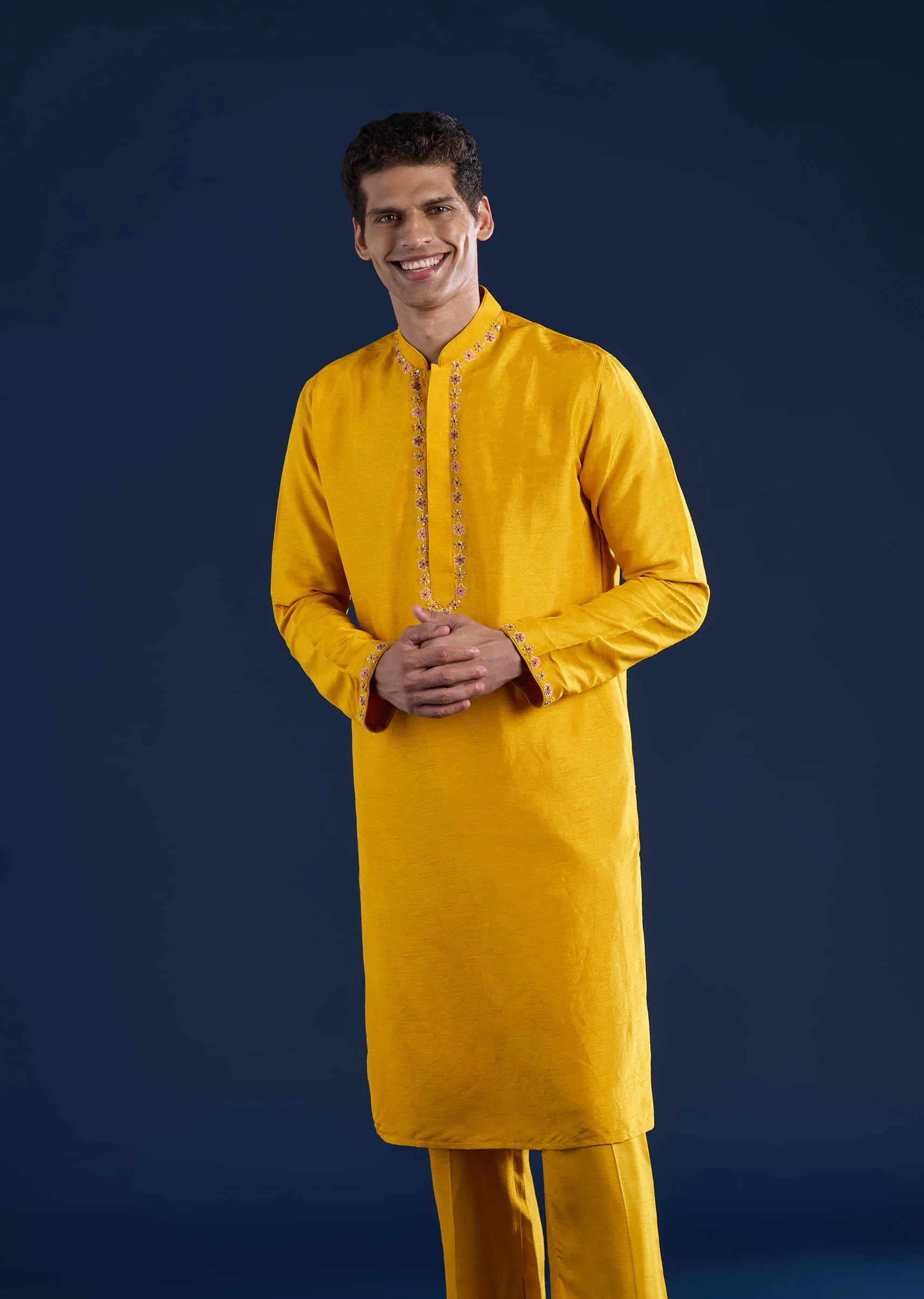 Yellow Banarasi Silk Jacket Kurta Set with Zardozi Work - Image 6