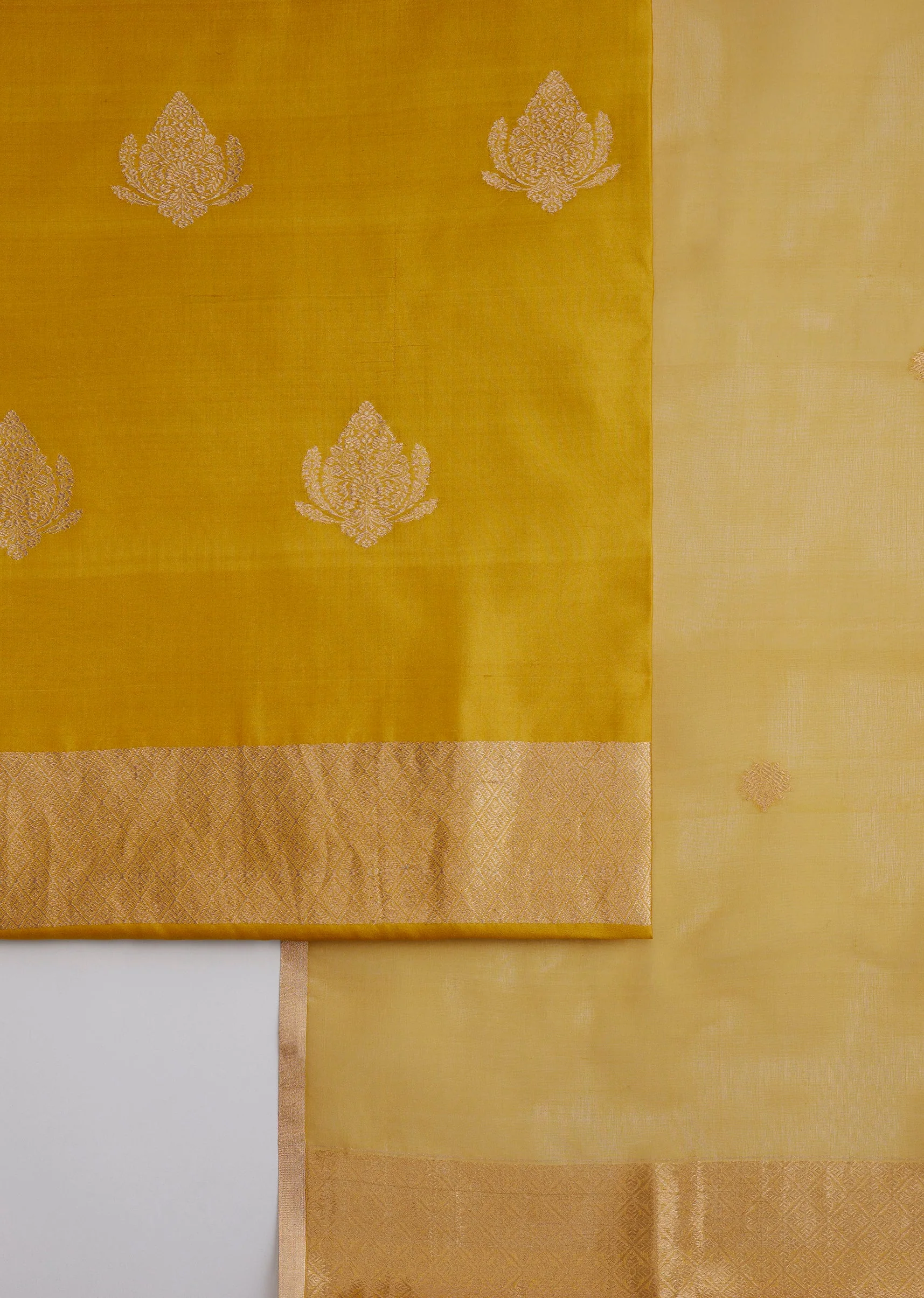 Yellow Banarasi Silk Unstitched Suit Set With Dupatta - Image 3