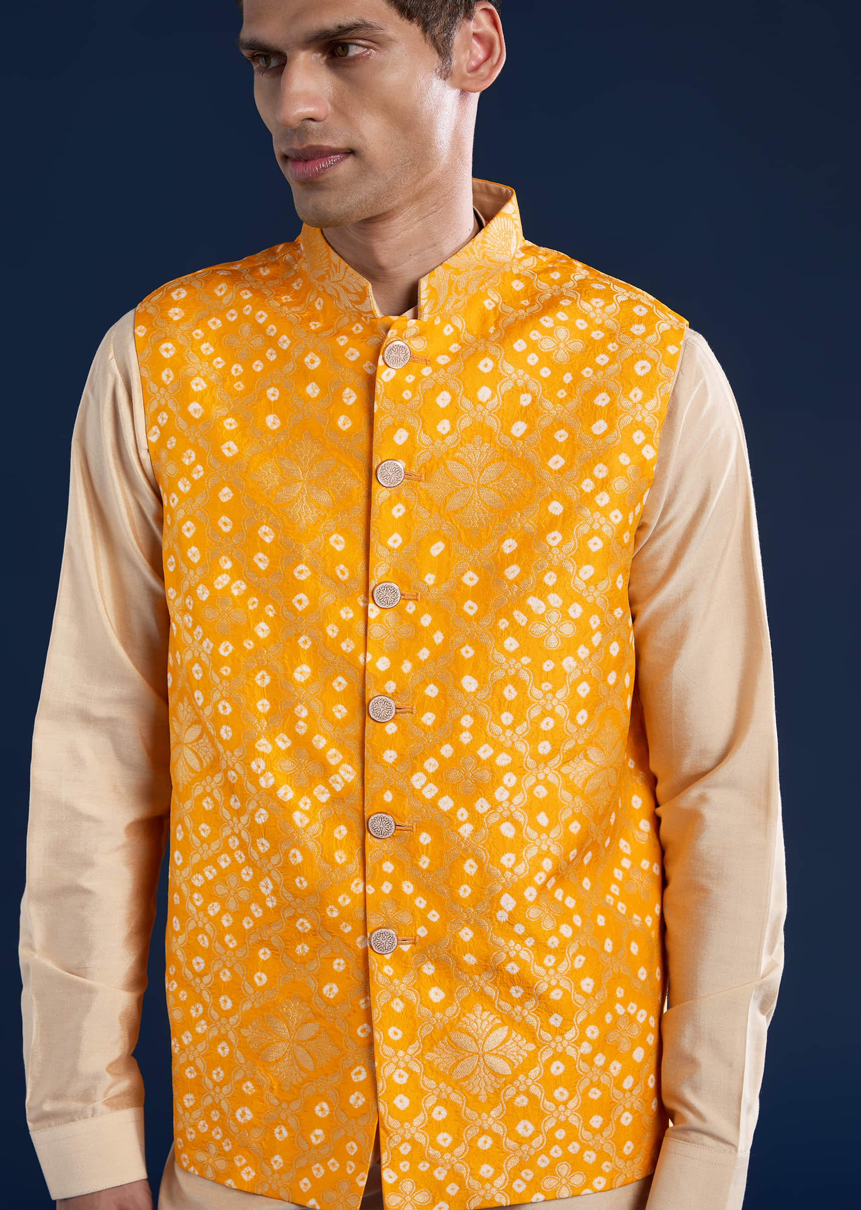 Yellow Bandhani Silk Jacket Kurta Set - Image 2