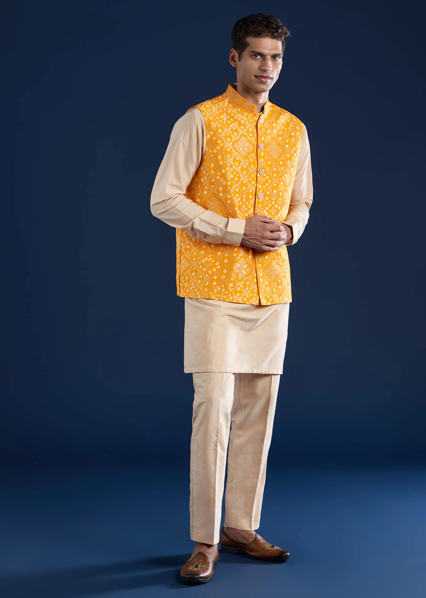 Yellow Bandhani Silk Jacket Kurta Set - Image 3