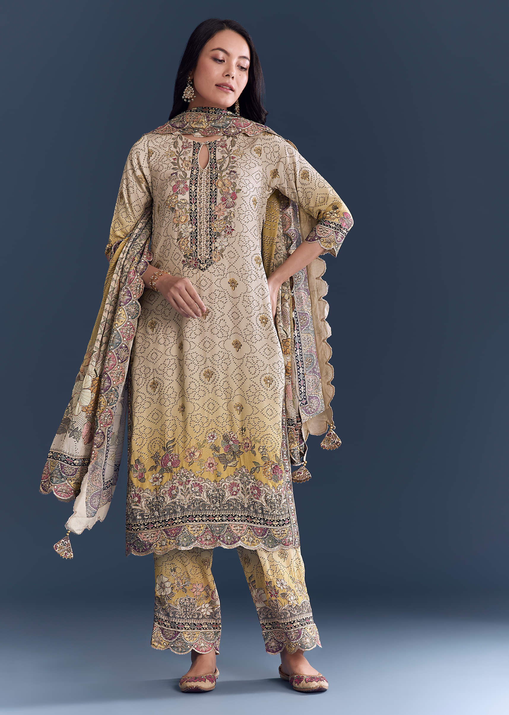Yellow Beige Ombre Crepe Kurta Set With Floral Print