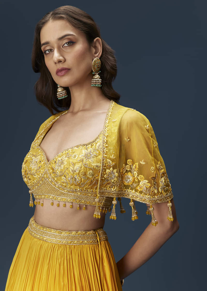 Yellow Bridesmaid Lehenga With Sleeveless Blouse And Draped Cape - Image 4