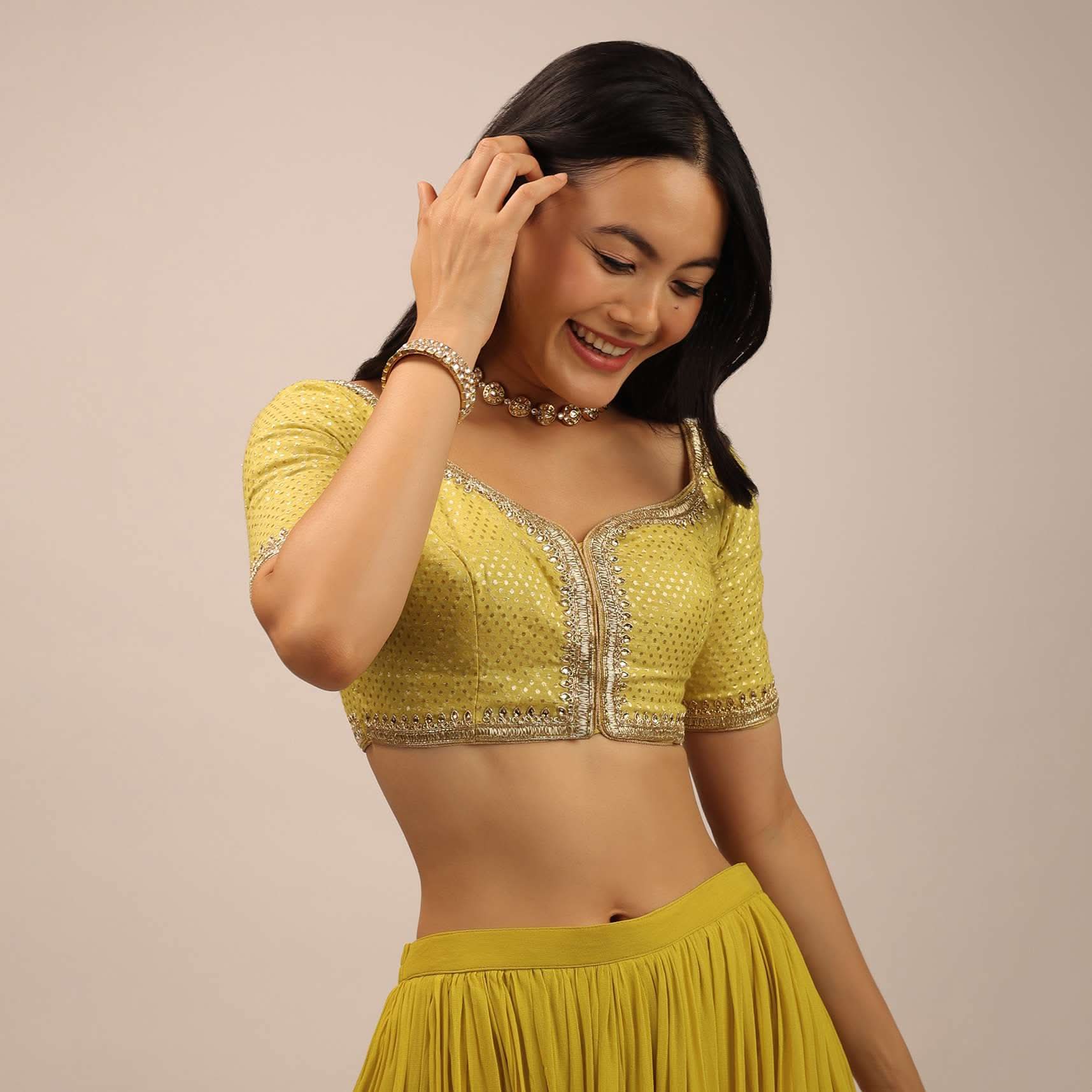Yellow Brocade Blouse With Front Hook Closure, Half Sleeves And Gotta Patti Embroidery - Image 3
