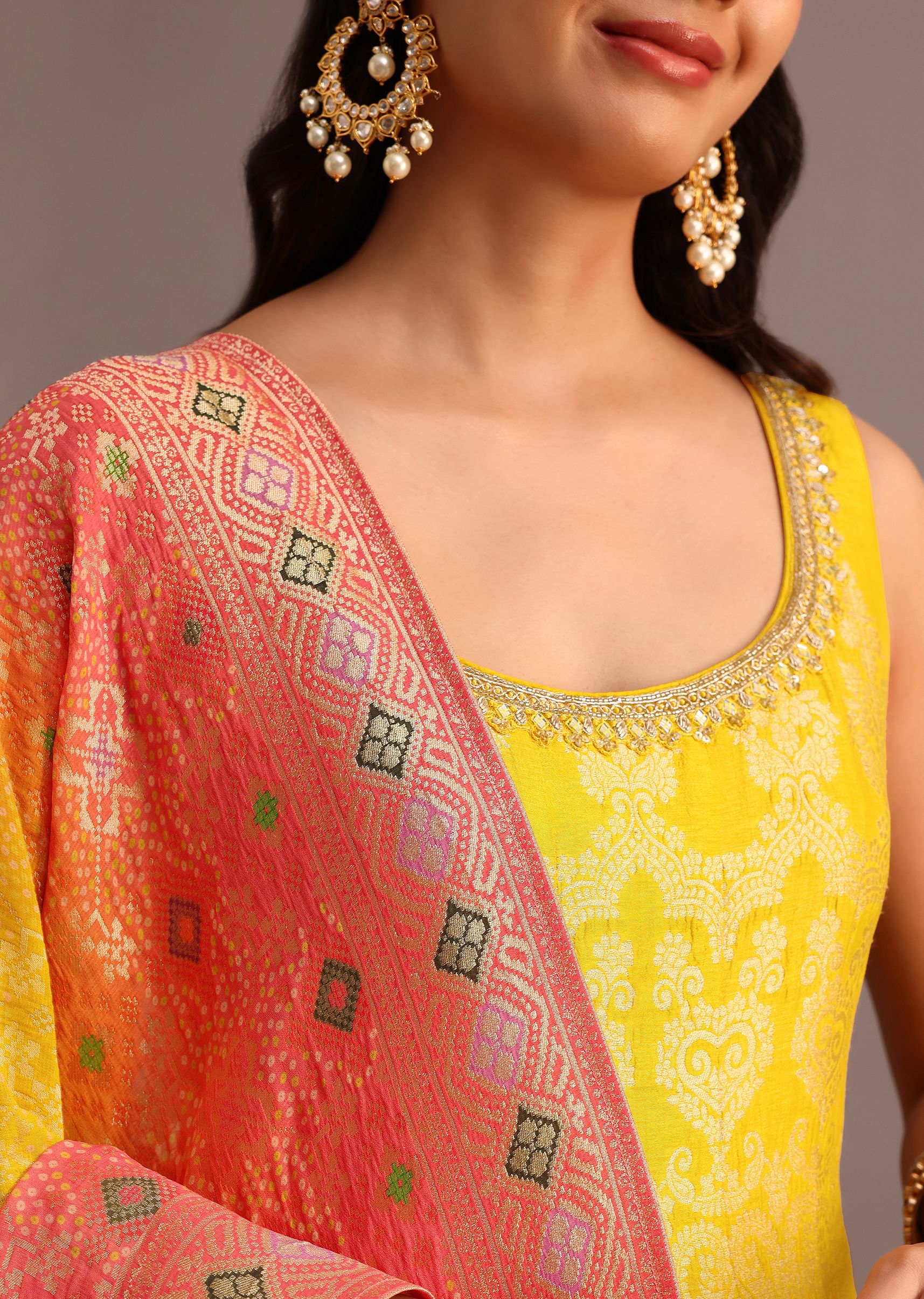 Yellow Brocade Weave Anarkali Set With Dupatta - Image 2