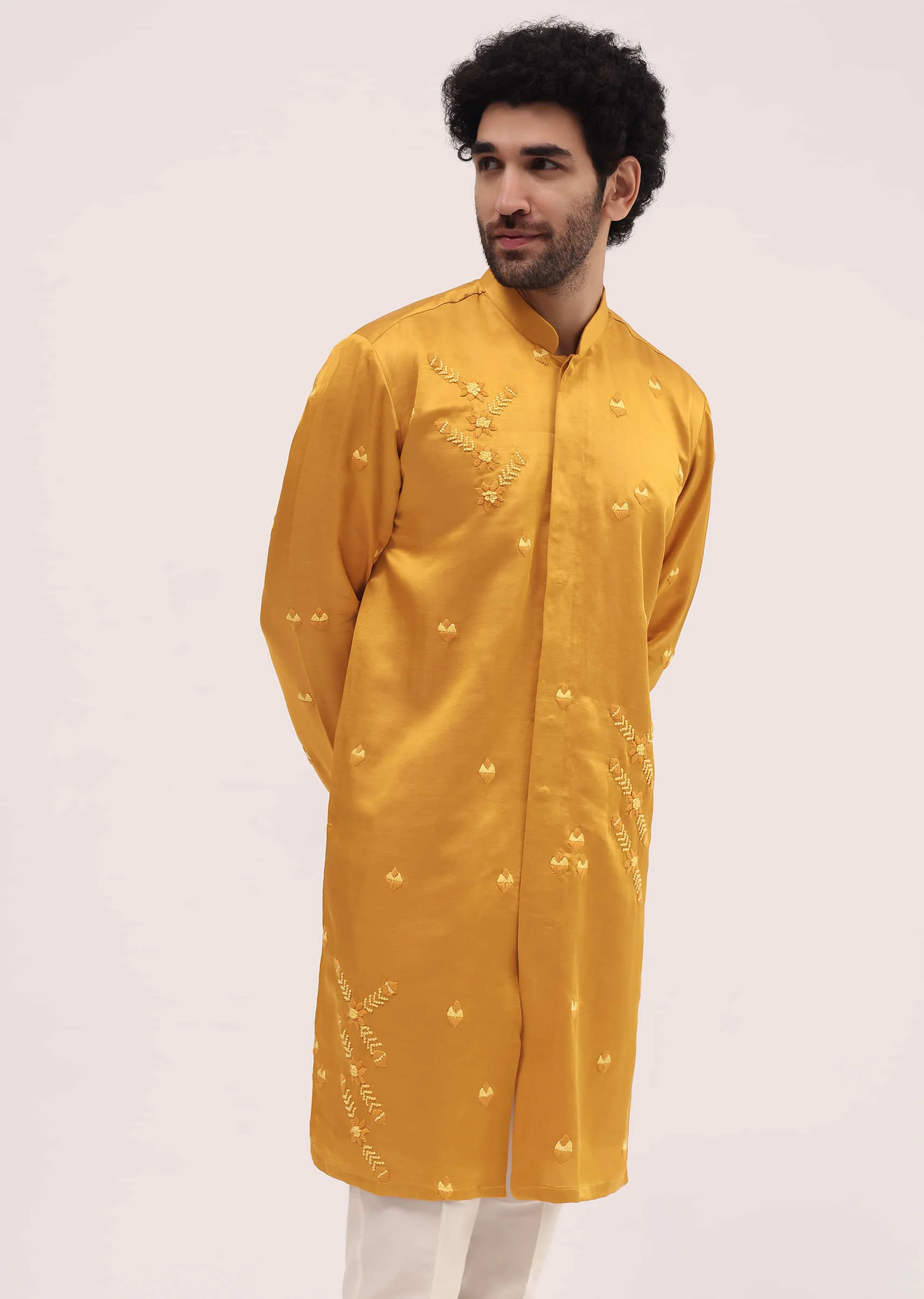 Yellow Bud Embroidered Silk Kurta Set For Men - Image 3