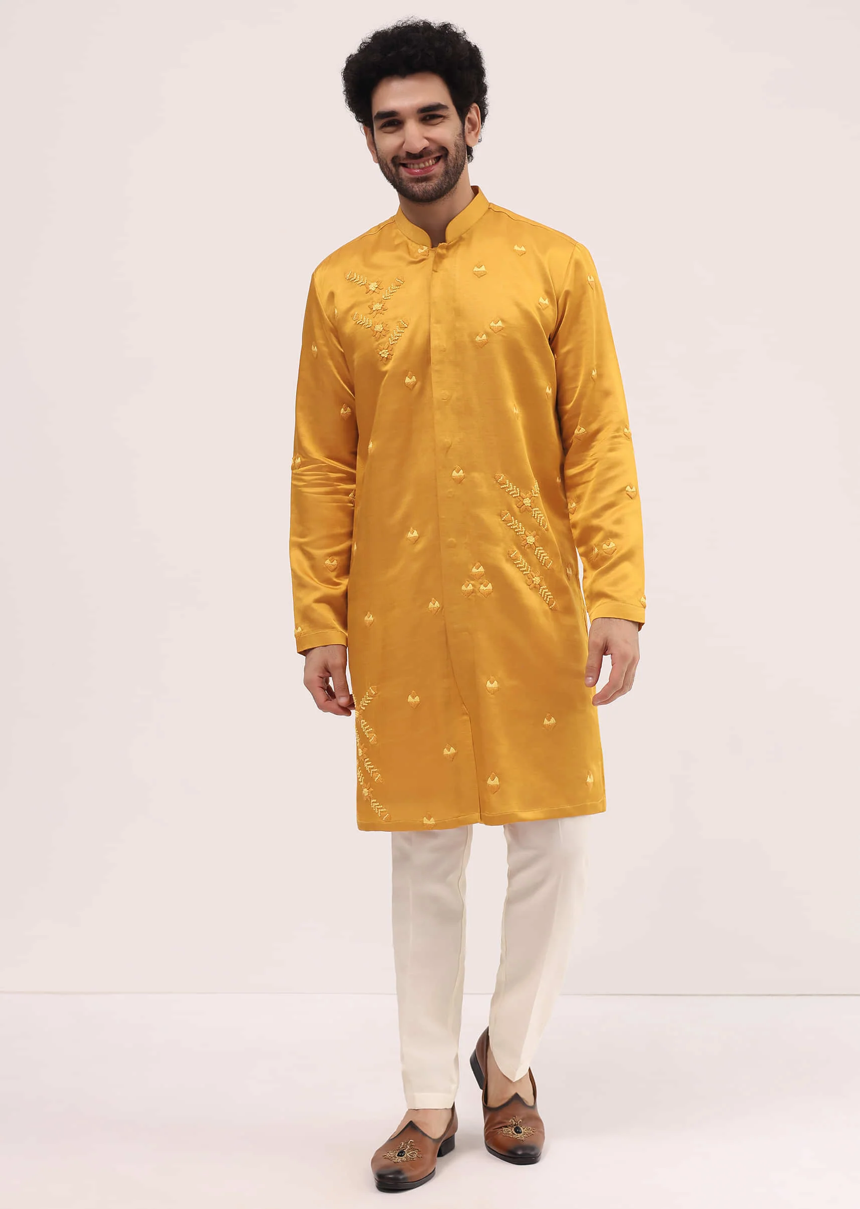 Yellow Bud Embroidered Silk Kurta Set For Men - Image 4