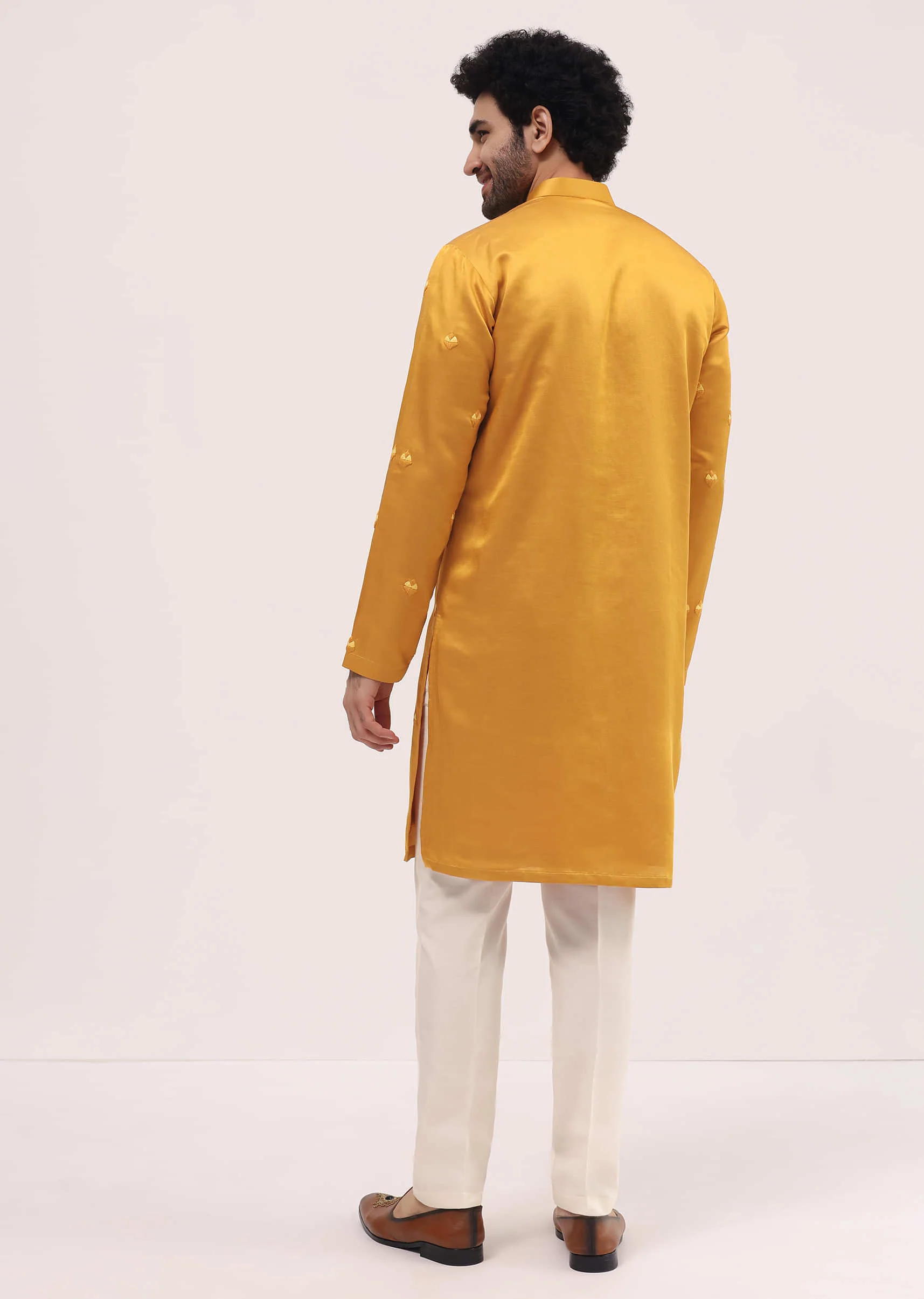 Yellow Bud Embroidered Silk Kurta Set For Men - Image 5