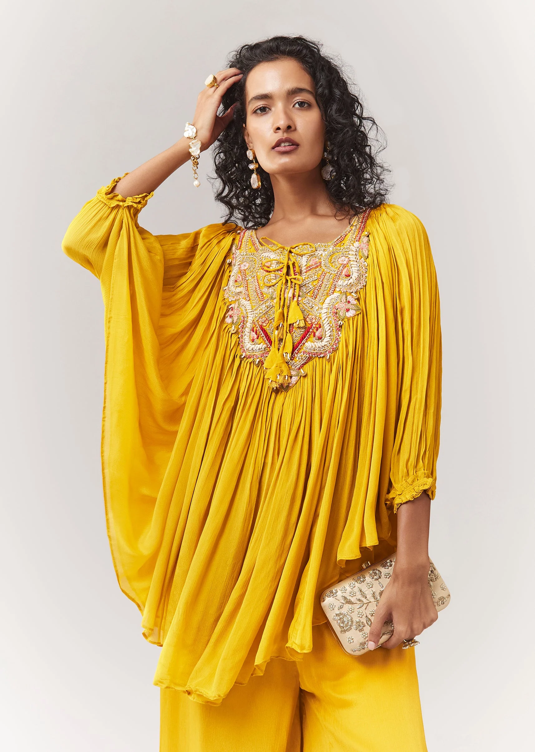 Yellow Cape Style Top Set With Thread And Zardosi Work - Image 4