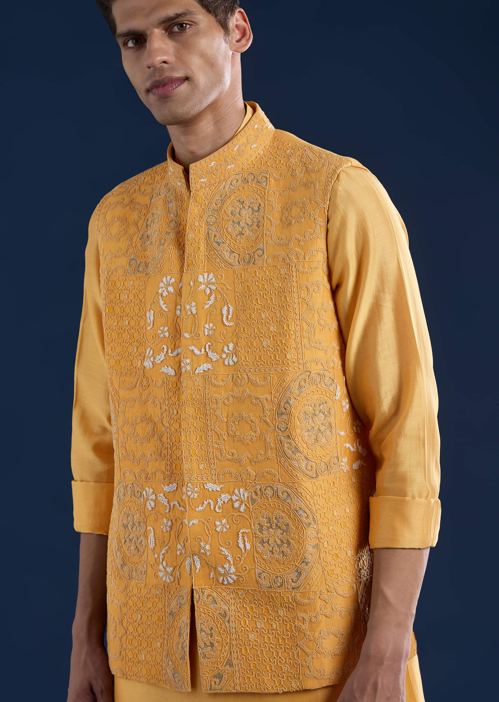 Yellow Chanderi Jacket Kurta Set with Dori Work - Image 2