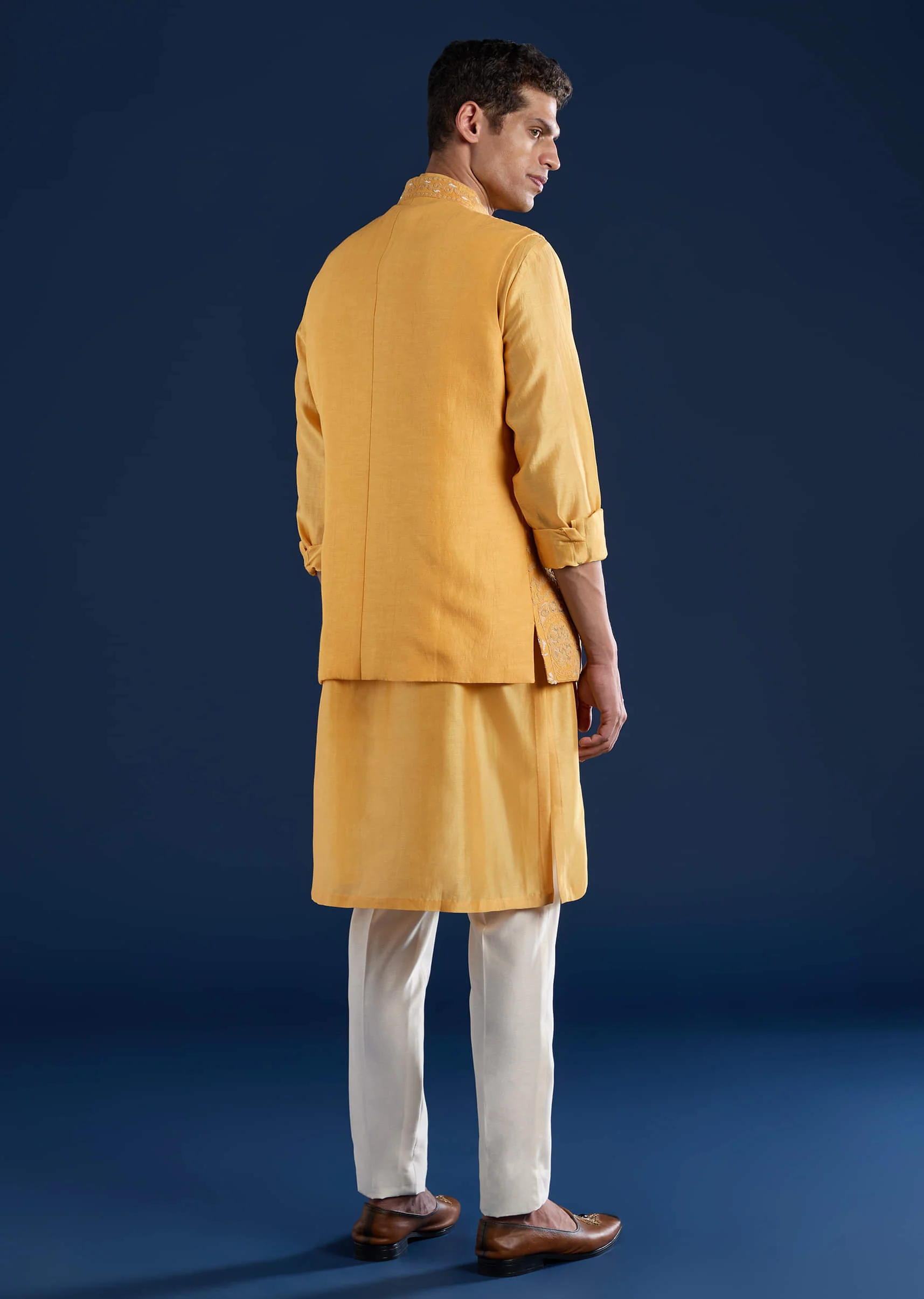 Yellow Chanderi Jacket Kurta Set with Dori Work - Image 5