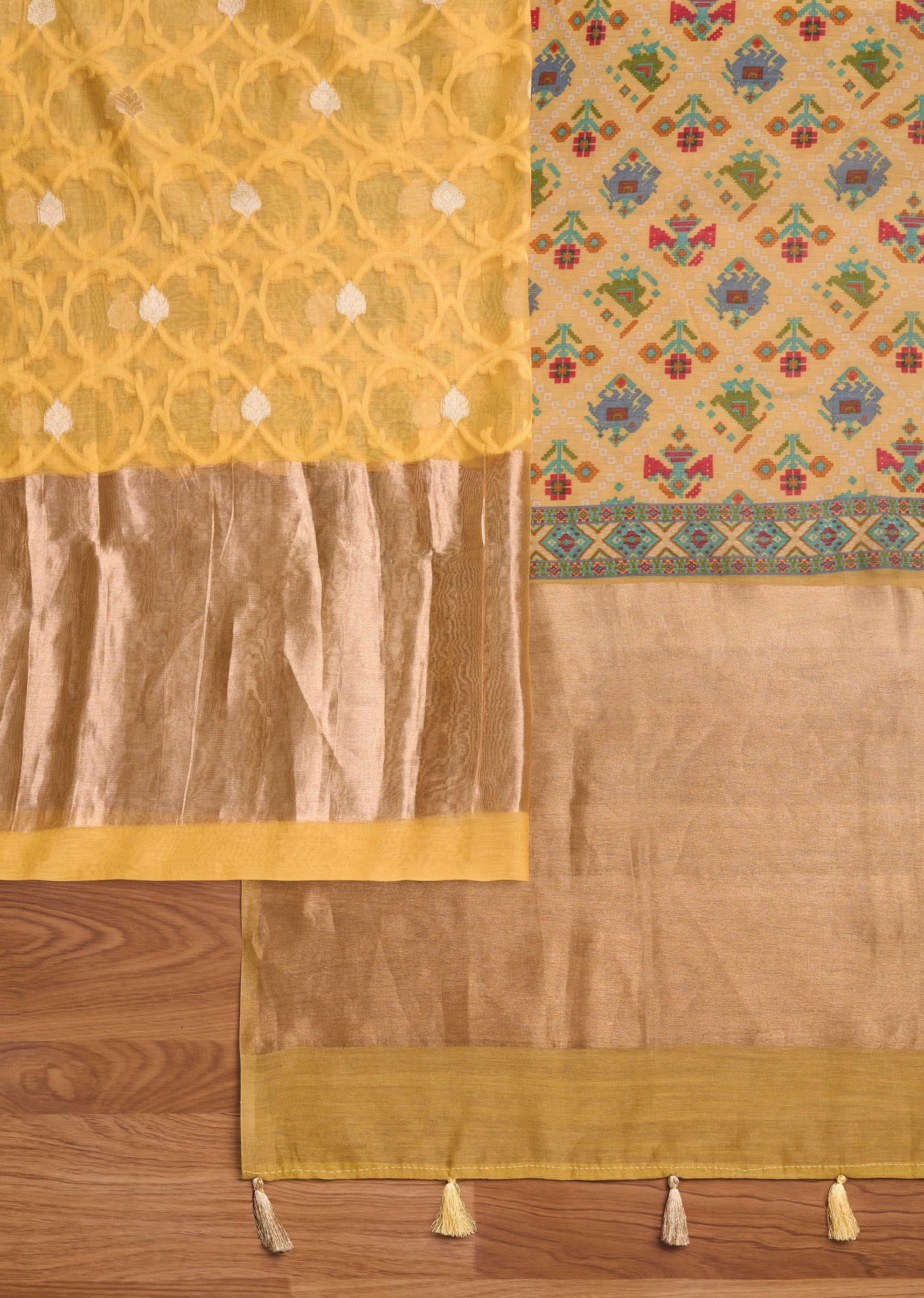 Yellow Chanderi Unstitched Suit Set - Image 2