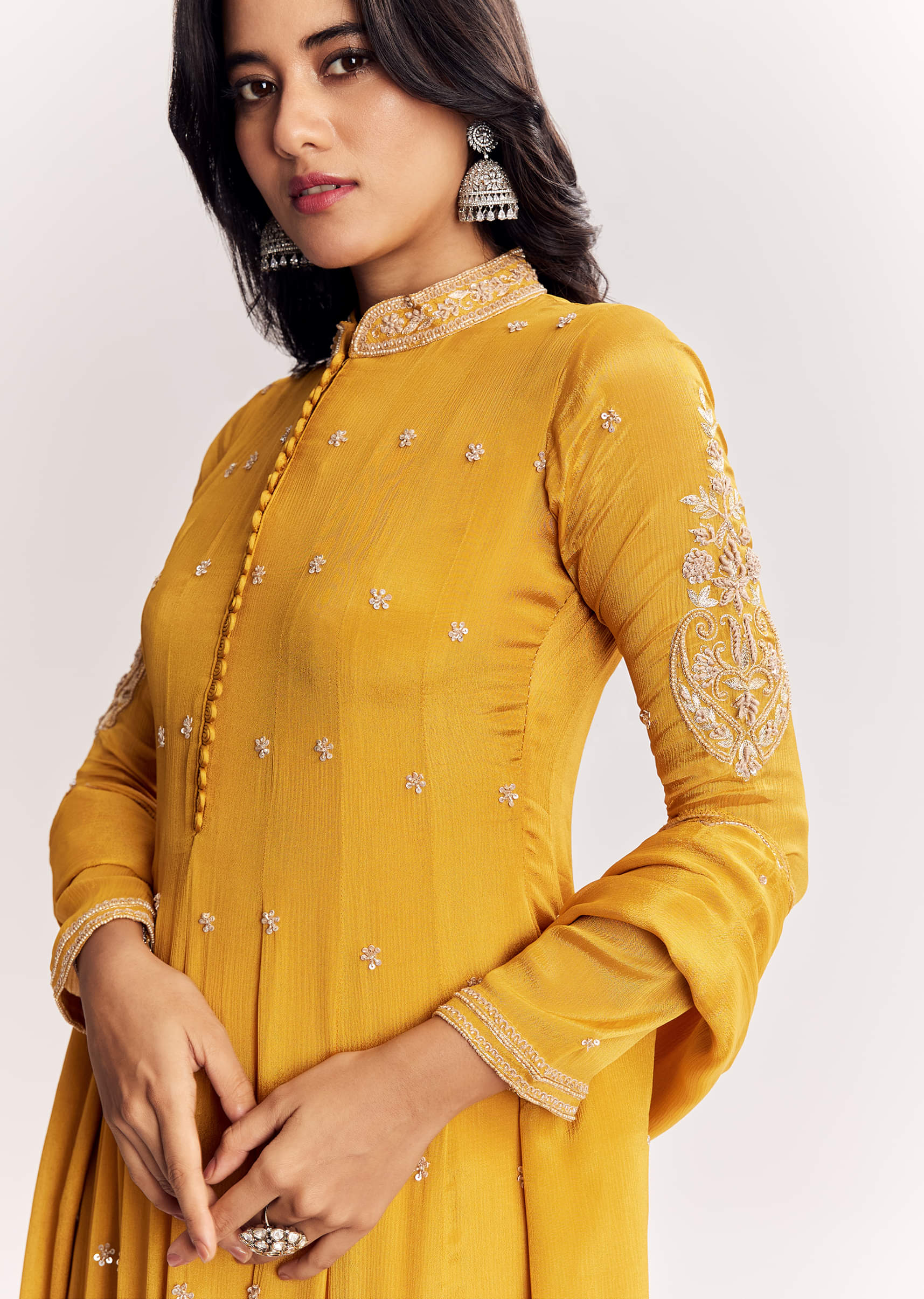 Yellow Chinon Anarkali Suit With Moti Sequins And Cutdana Dupatta - Image 2