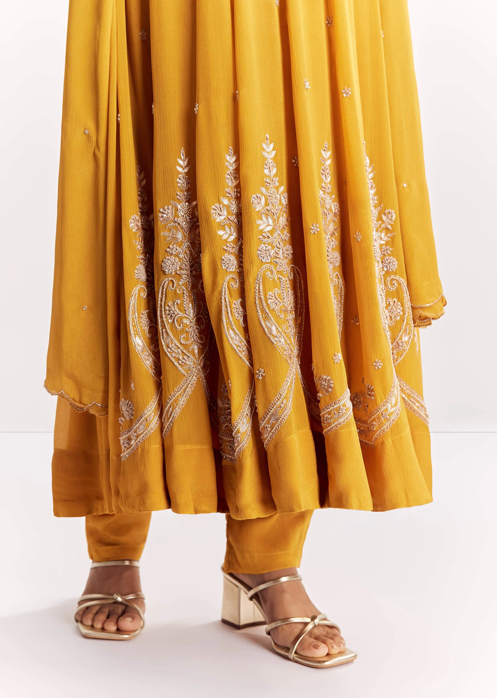Yellow Chinon Anarkali Suit With Moti Sequins And Cutdana Dupatta - Image 6
